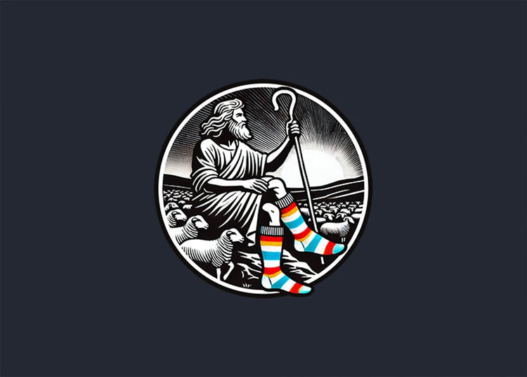 Illustration of a shepherd seated among a flock of sheep, wearing bold striped woollen socks in rainbow colours. Logo for Sock Flock by Yarn by Clarke, representing premium ethical sock yarn made from New Zealand wool.