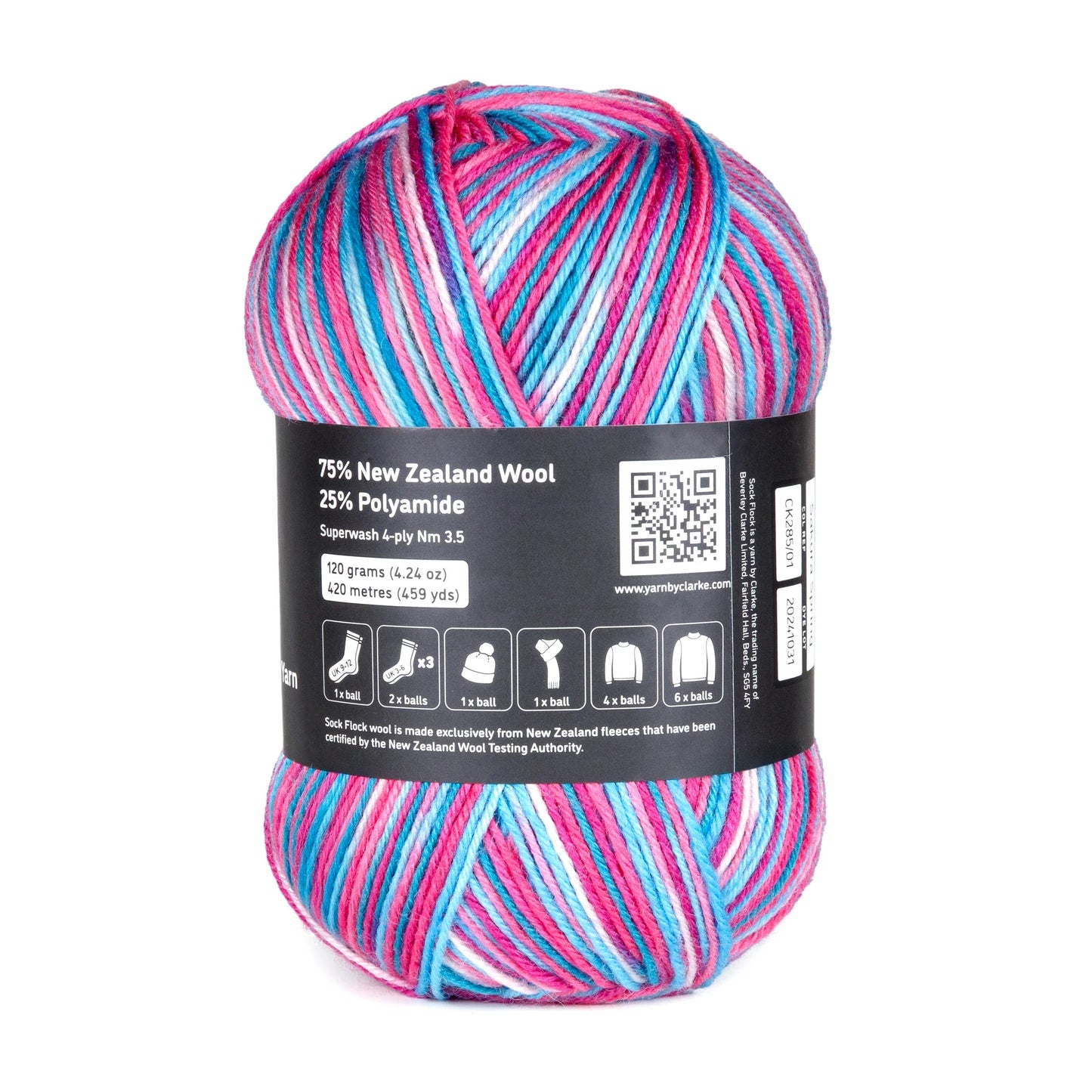 Back-facing image of Sock Flock – Sakura Spring yarn ball on white background, focusing on label and care symbols