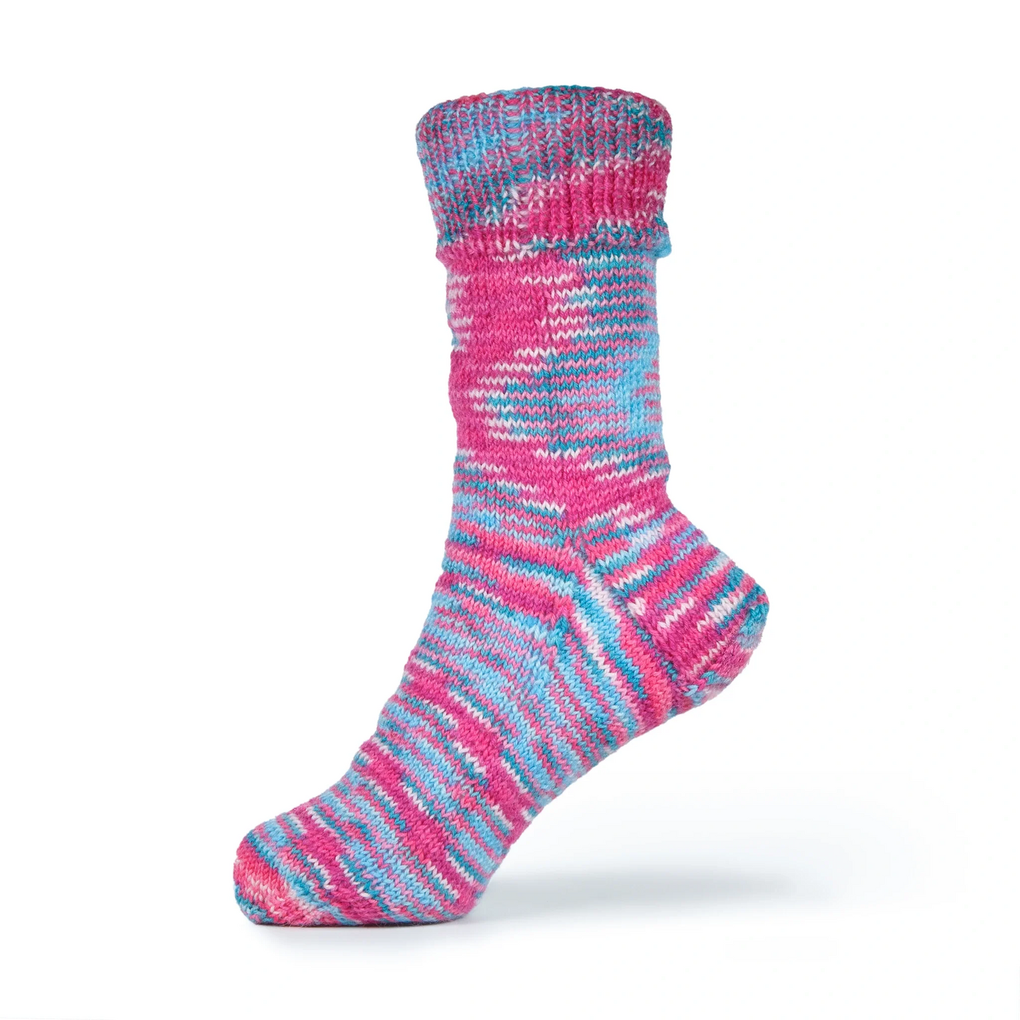 Left sock made from Sock Flock – Sakura Spring yarn, displayed on mannequin foot against white background