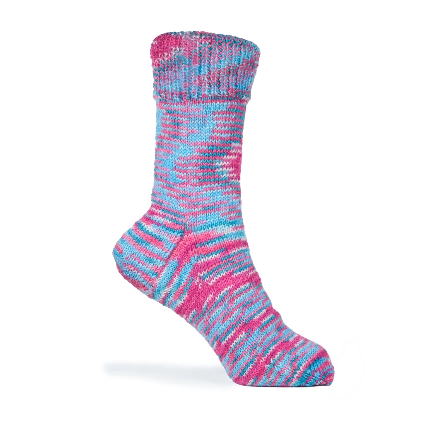Right sock made from Sock Flock – Sakura Spring yarn, on white mannequin foot showing knit stitch detail