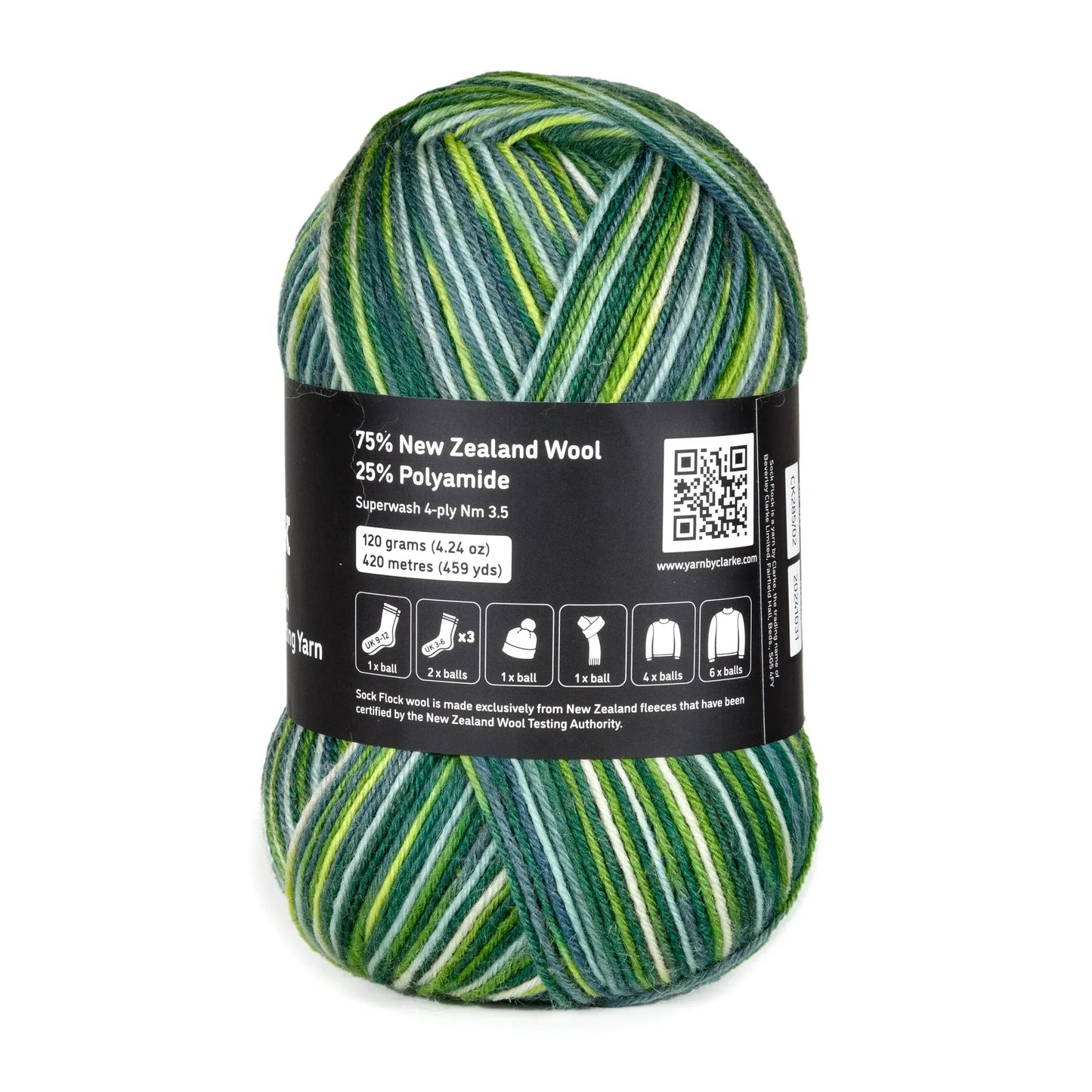 Back view of Sock Flock Wild Pear yarn ball on white background, label displaying fibre content and care