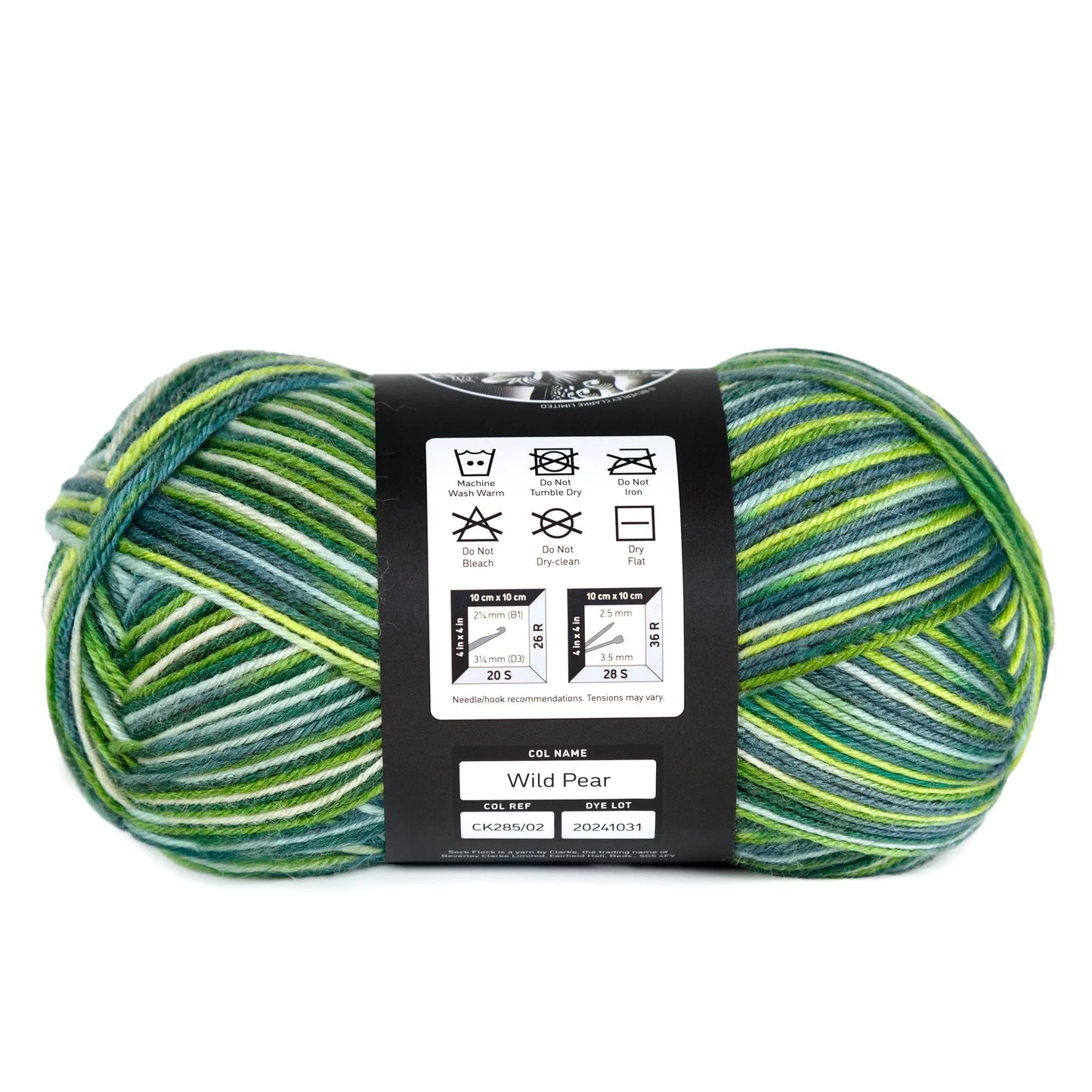 Side view of Sock Flock Wild Pear yarn ball laid horizontally, showing label with care instructions