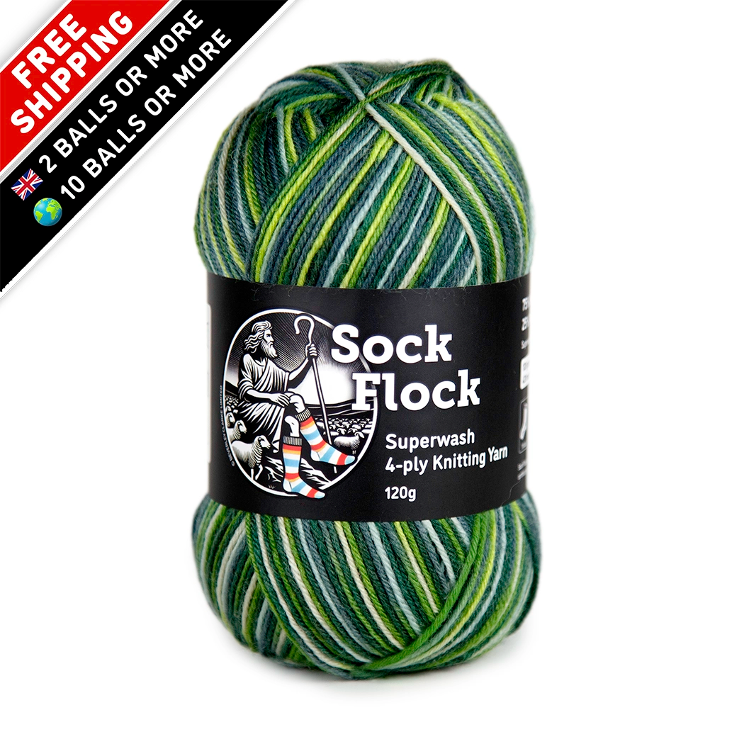 Front-facing hero image of Sock Flock ‘Wild Pear’ yarn ball, label crisp and colours true on white and free UK delivery on 2 balls or more, free international delivery on 10 balls or more corner flags.