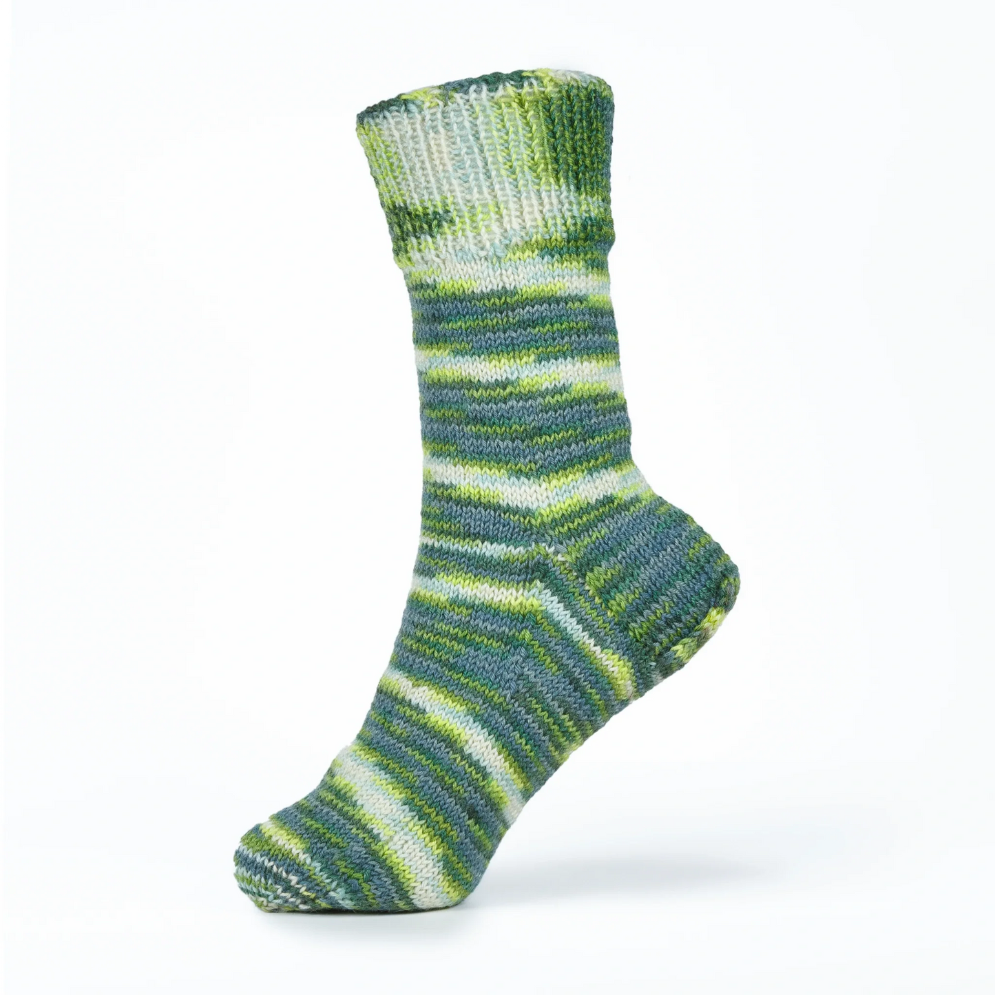 Left sock made from Sock Flock Wild Pear, displayed on a plastic mannequin foot against white background