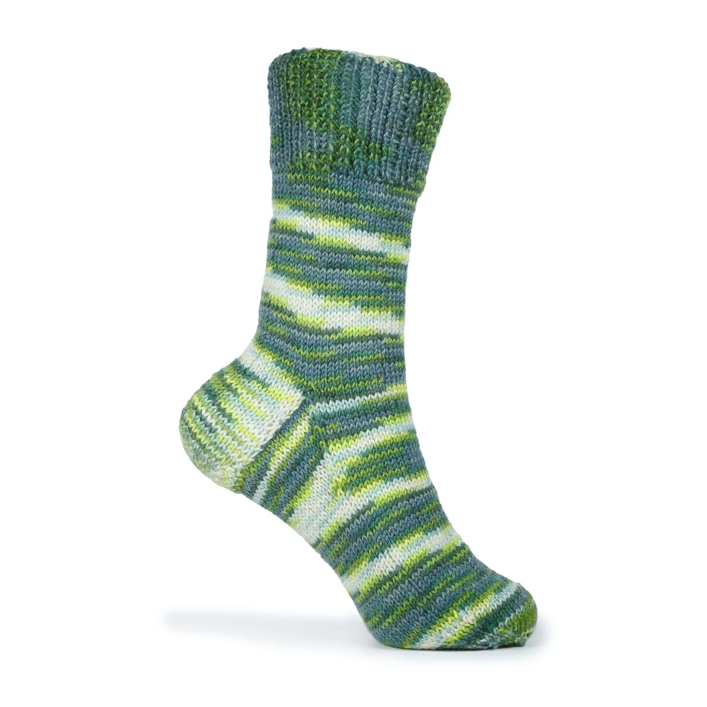 Right sock made from Sock Flock Wild Pear, shown on plastic mannequin foot with toe facing right