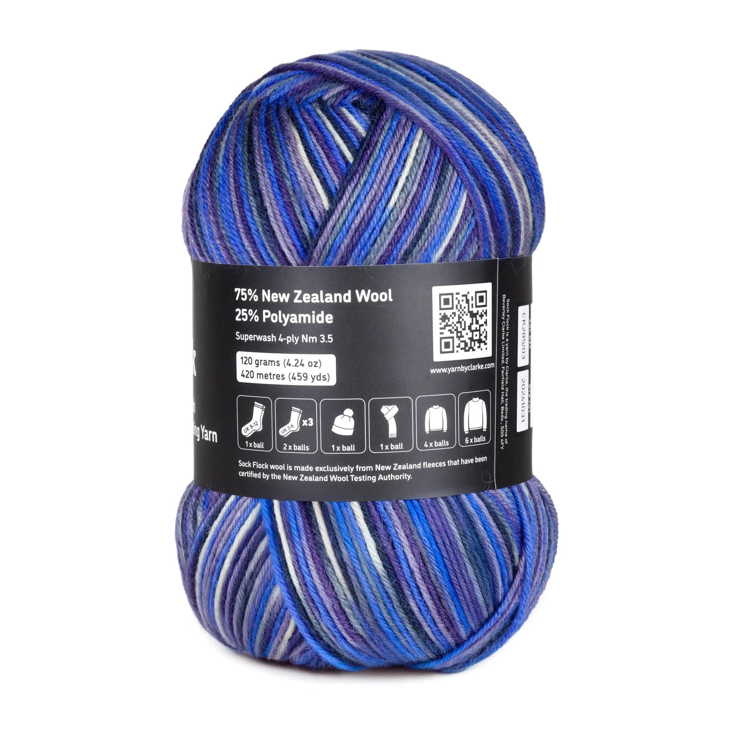 Rear view of Blue Moon yarn ball on white background, clear display of OEKO-TEX® label and product data.