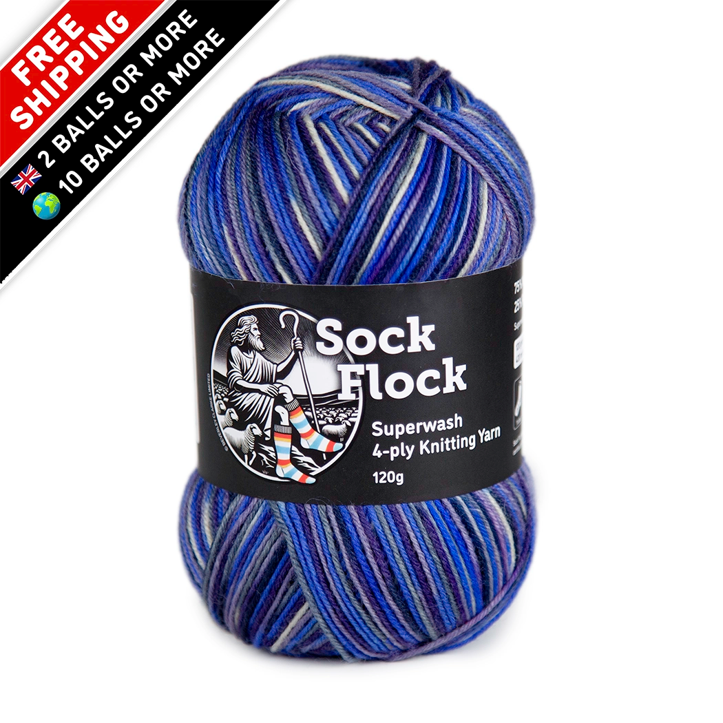 Front-facing hero image of Sock Flock ‘Blue Moon’ yarn ball, label crisp and colours true on white and free UK delivery on 2 balls or more, free international delivery on 10 balls or more corner flags.