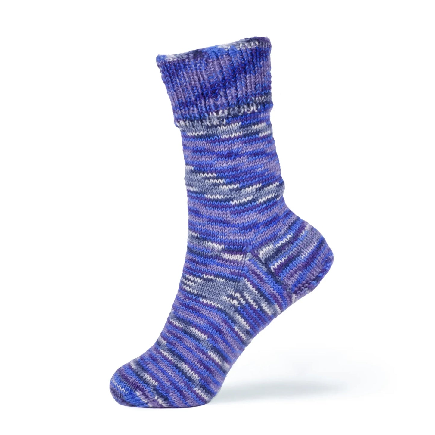 Left sock modelled in Blue Moon yarn. Stripe pattern flows organically. Displayed on neutral mannequin foot.