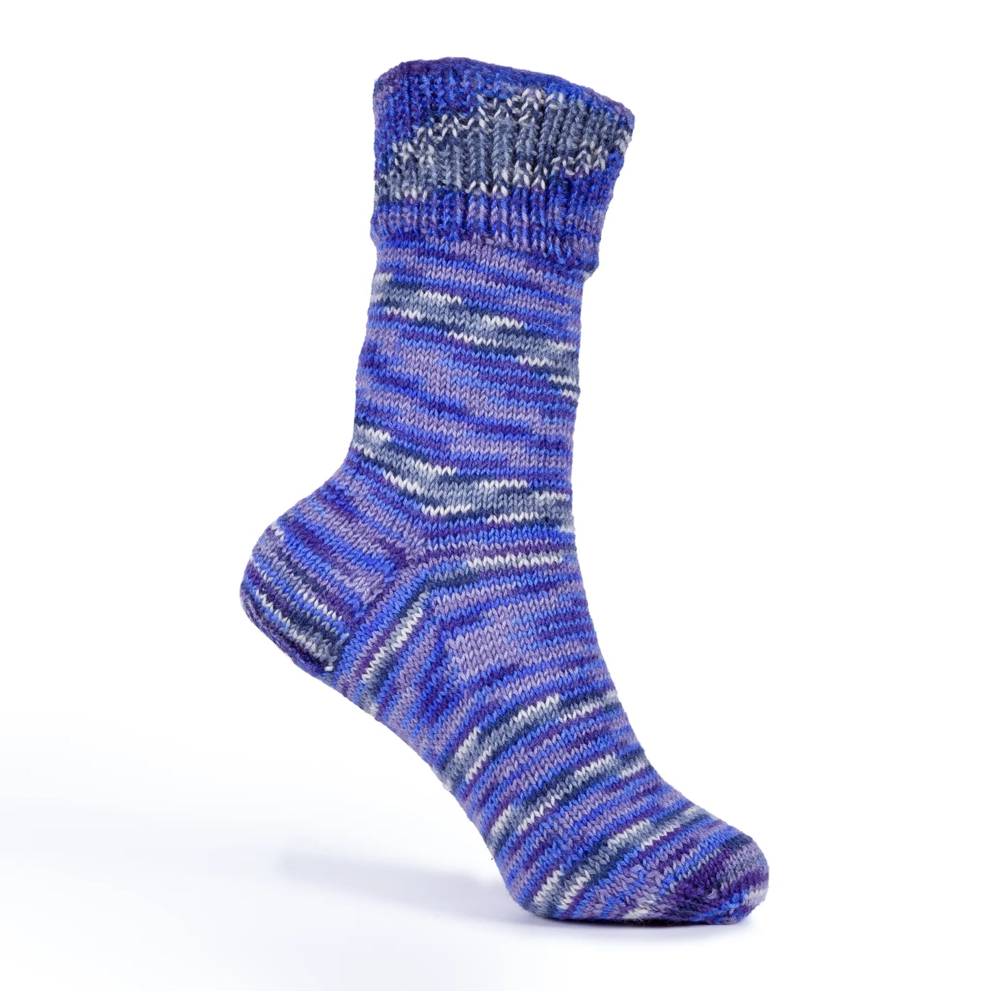 Right sock display of ‘Blue Moon’ yarn, modelled on white plastic foot form. Variegated stripes visible.