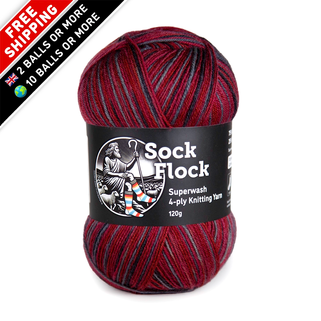 Front-facing hero image of Sock Flock ‘Roasted Fig’ yarn ball, label crisp and colours true on white and free UK delivery on 2 balls or more, free international delivery on 10 balls or more corner flags.