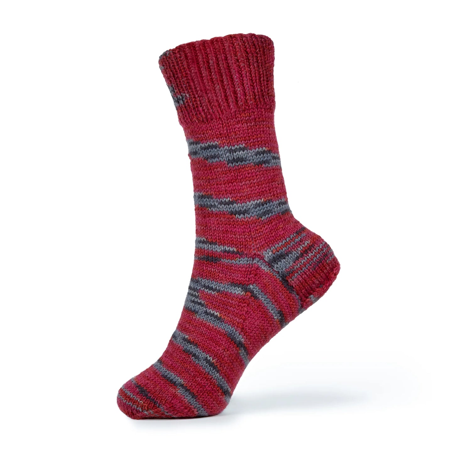 Left foot sock modelled in Roasted Fig yarn, plastic foot form shown against white studio backdrop.