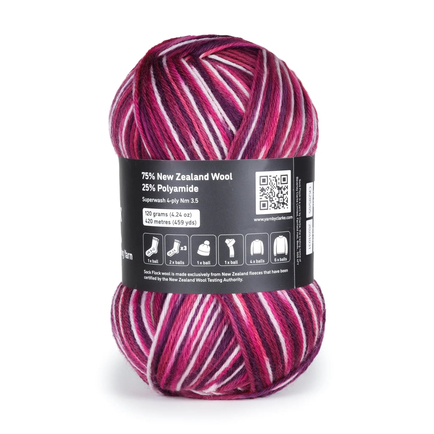 Back-facing Raspberry Ripple yarn ball photo with clear label data on white backdrop.