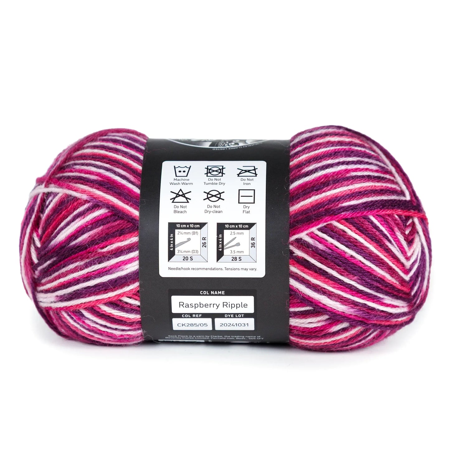 Side view of Raspberry Ripple yarn ball on white background, showing label and care instructions.