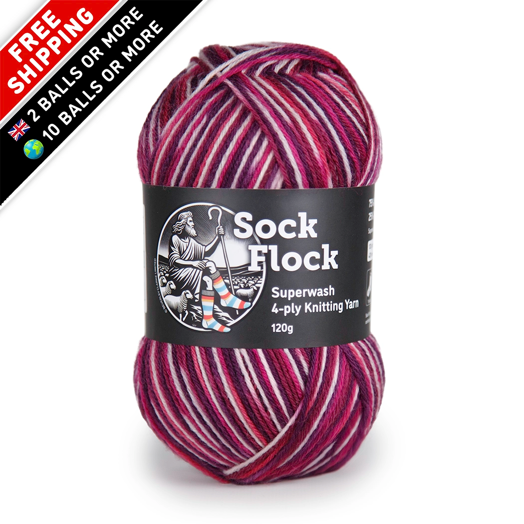 Front-facing hero image of Sock Flock ‘Raspberry Ripple’ yarn ball, label crisp and colours true on white and free UK delivery on 2 balls or more, free international delivery on 10 balls or more corner flags.