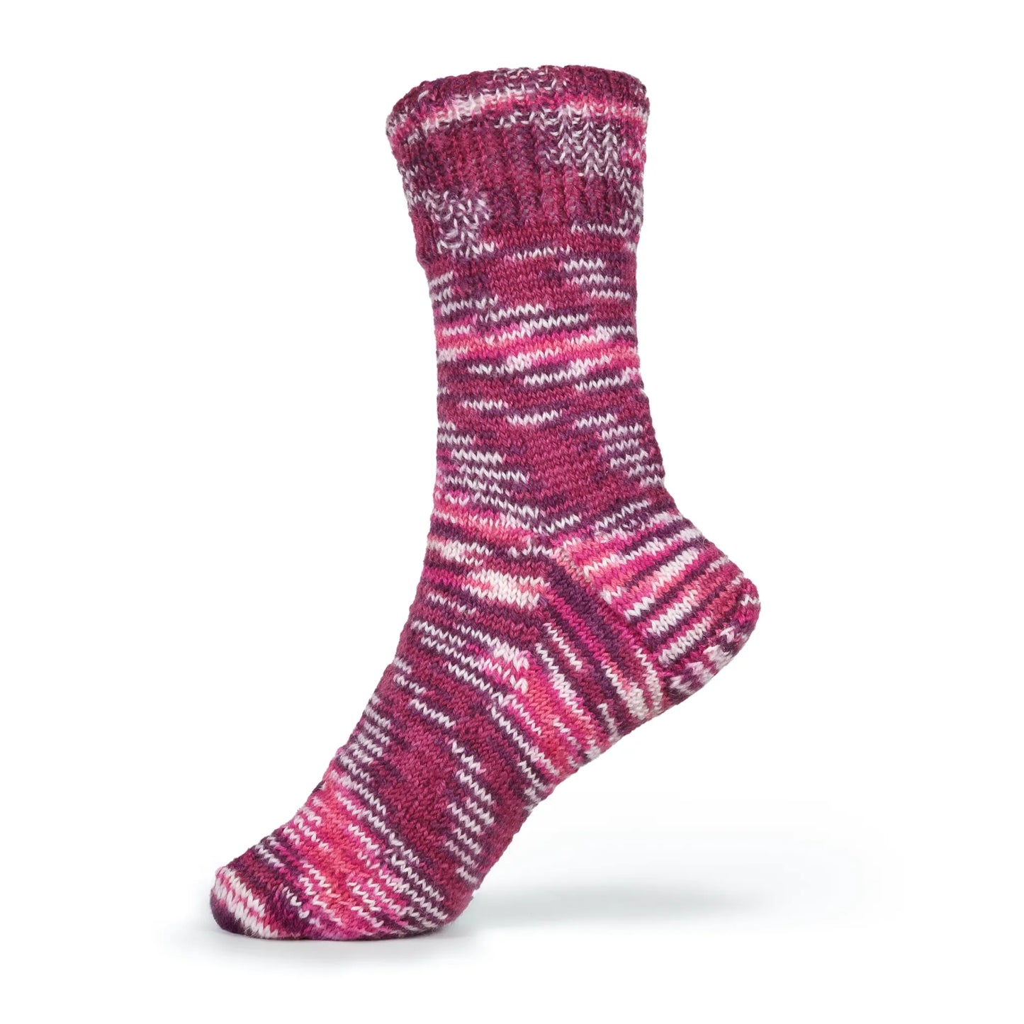 Left-foot mannequin sock made from Raspberry Ripple yarn, showing striping pattern on white background.