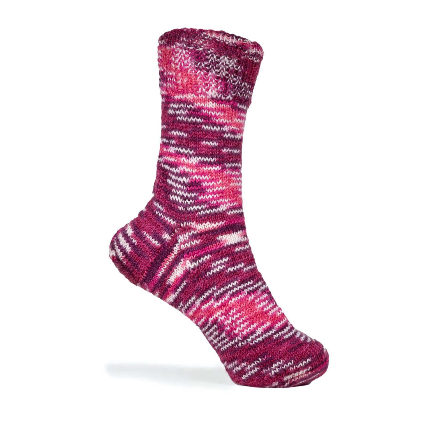 Right-foot sock in Raspberry Ripple yarn, shown on mannequin foot with vibrant knit detail visible.