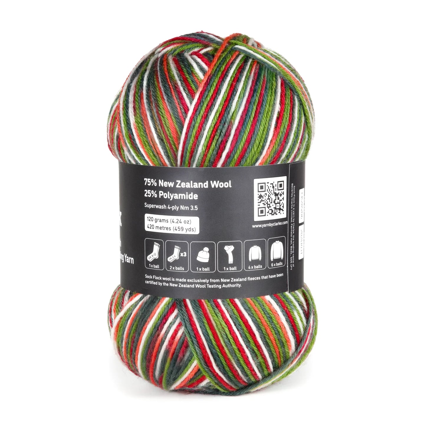 Rear-facing Apple Gala yarn ball photo on white background, label and care information clearly displayed.