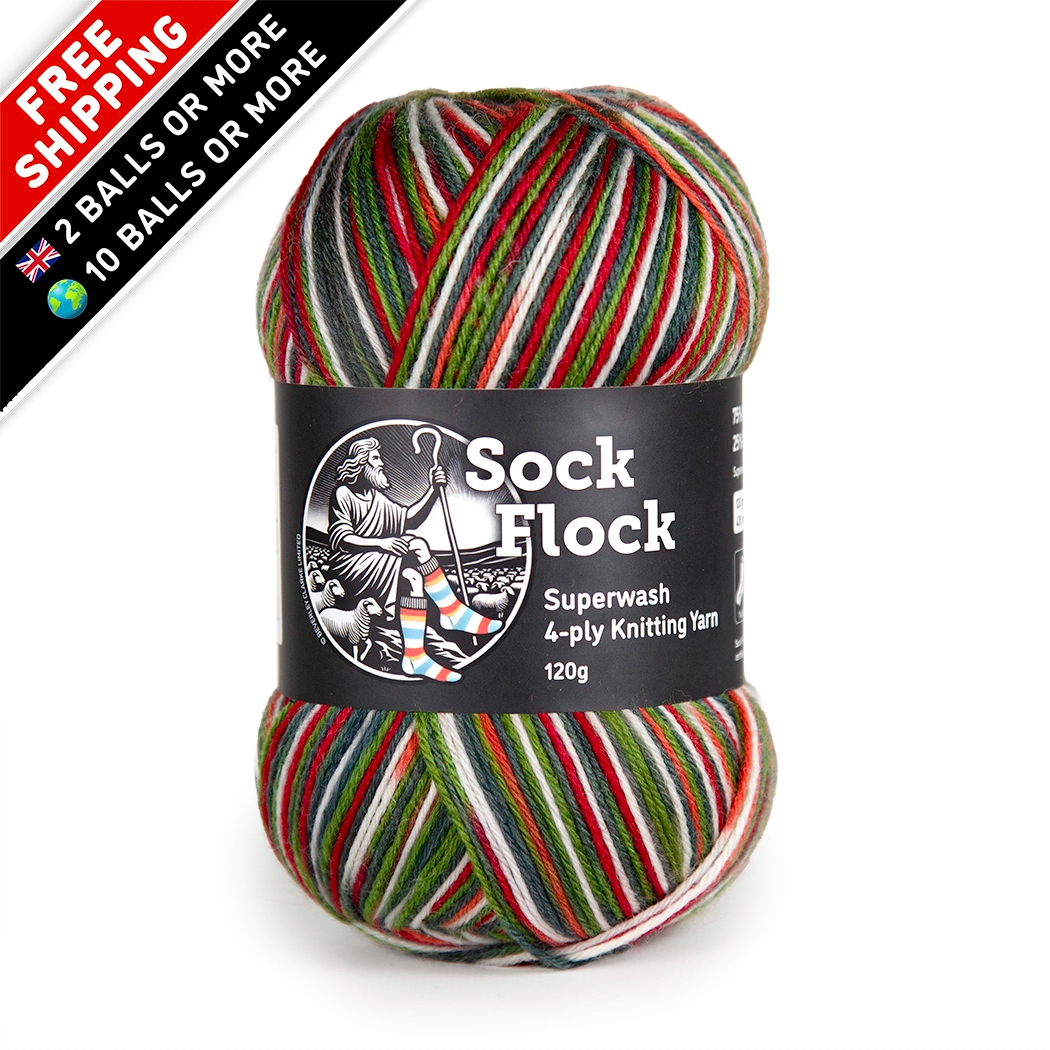 Front-facing hero image of Sock Flock ‘Apple Gala’ yarn ball, label crisp and colours true on white and free UK delivery on 2 balls or more, free international delivery on 10 balls or more corner flags.