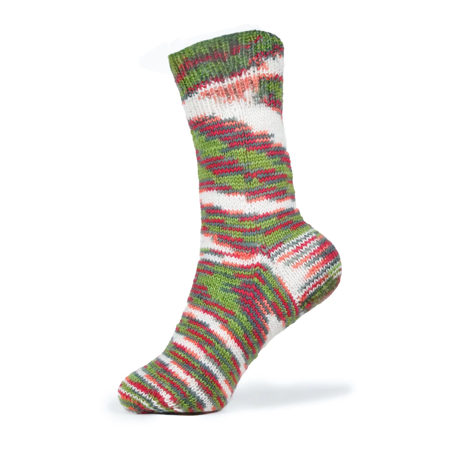 Left sock made from Apple Gala yarn, displayed on plastic mannequin foot, showcasing natural striping.