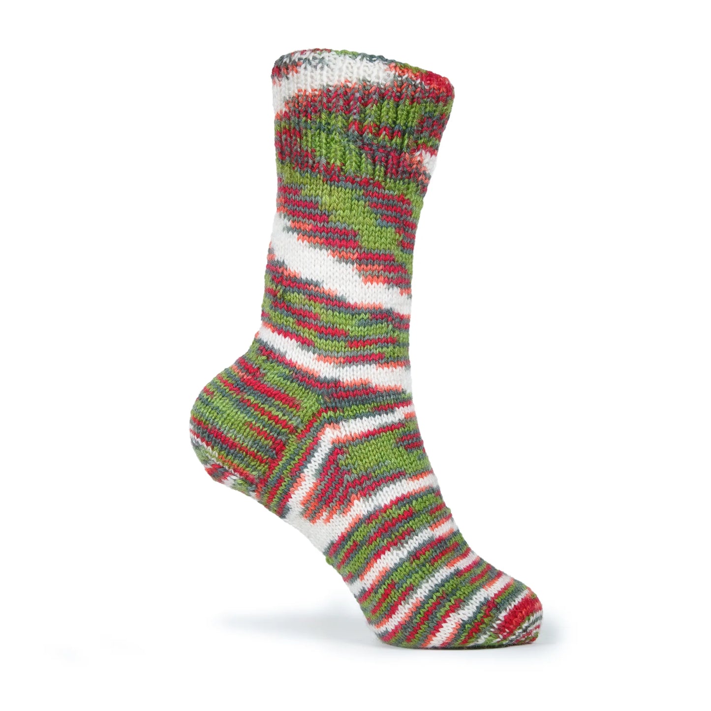 Right sock in Sock Flock ‘Apple Gala’ yarn, modelled on mannequin foot with white background.