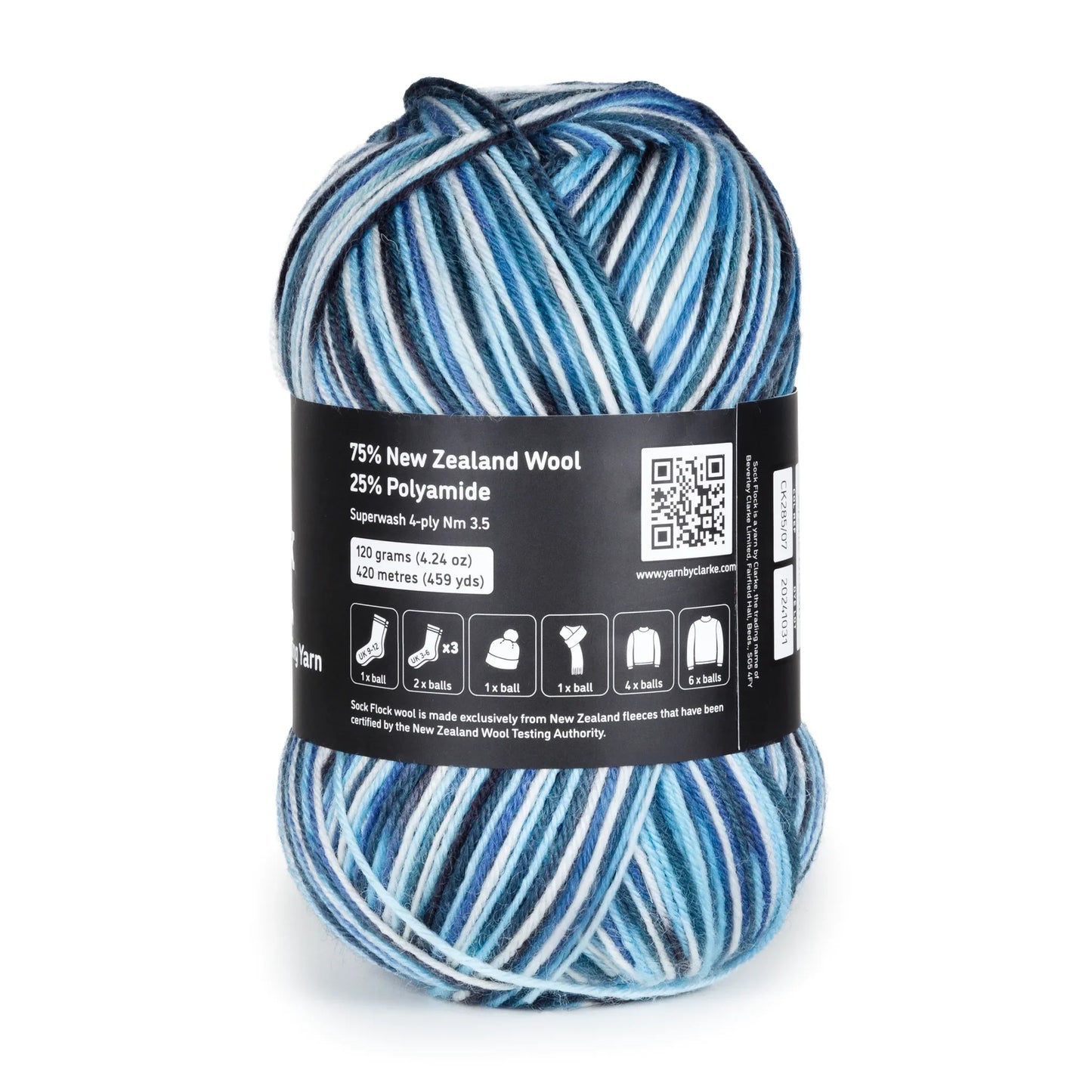 Back-facing Arctic Ocean yarn ball photo on white background, care instructions and content shown.