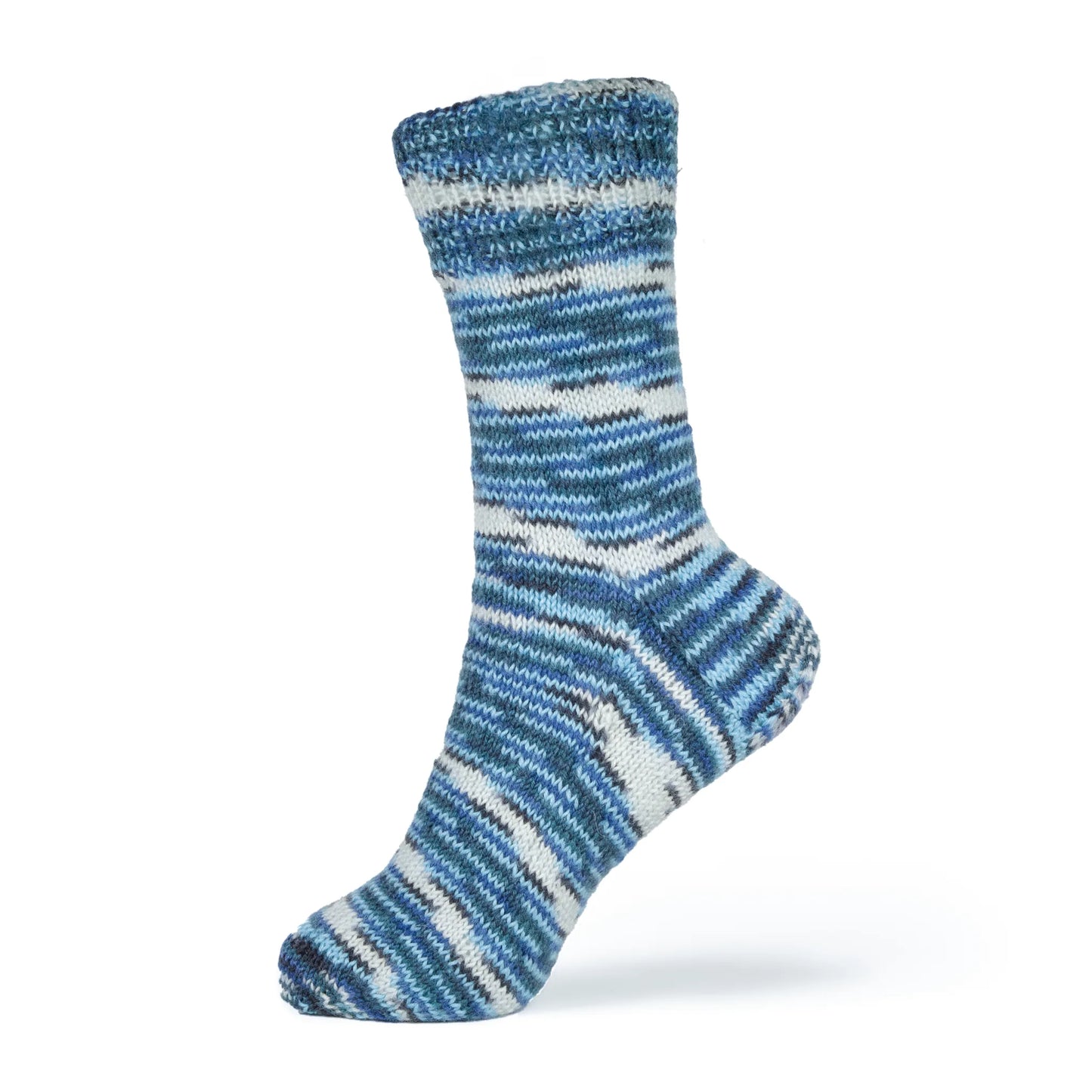 Left sock in Sock Flock Arctic Ocean colourway, displayed on mannequin foot with white background.
