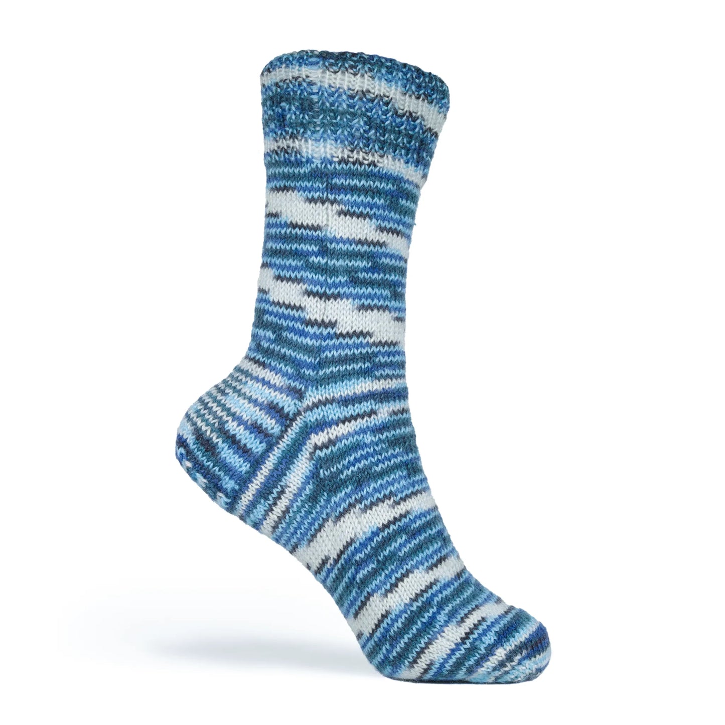 Right sock in Arctic Ocean yarn, plastic foot form display showing knit pattern and colour distribution.