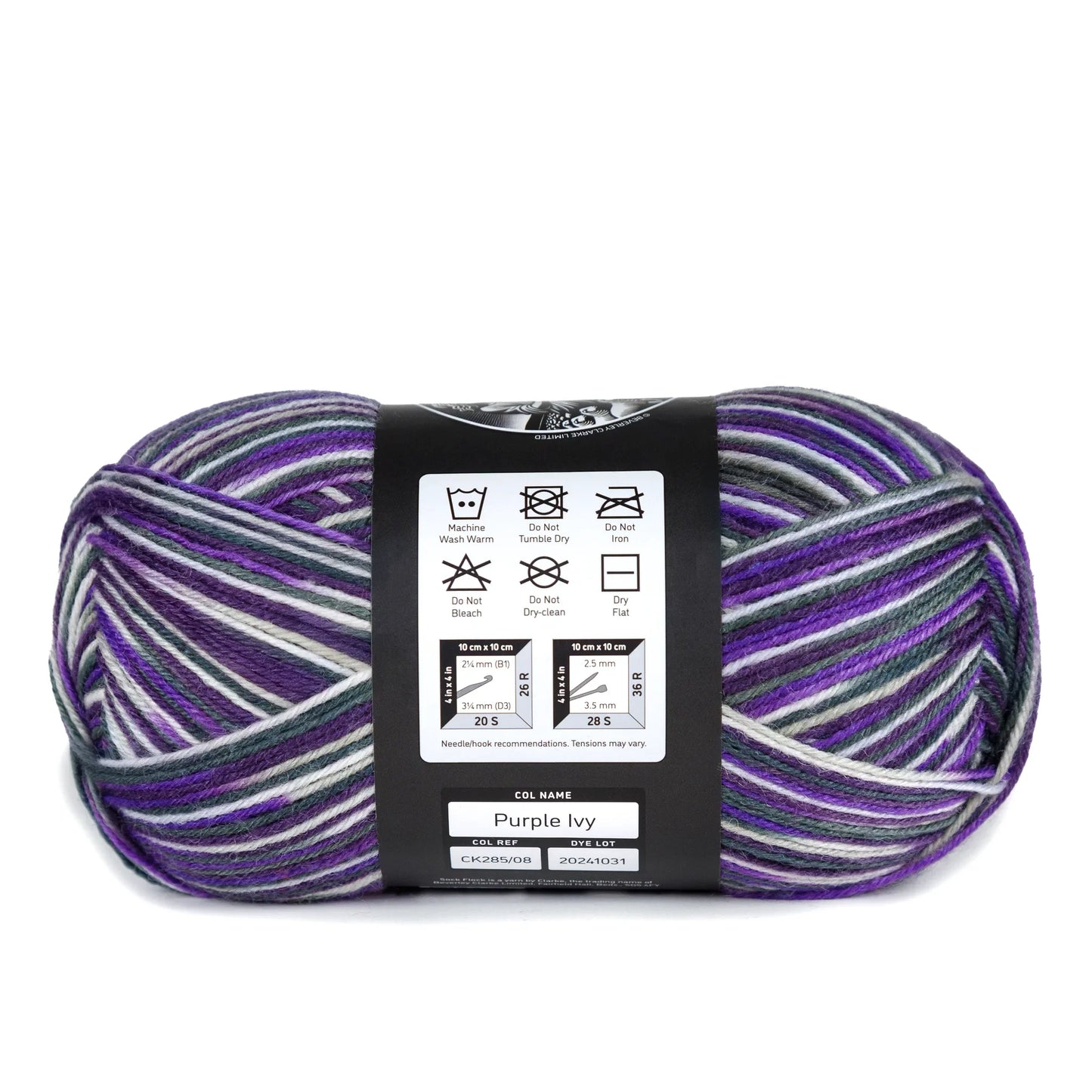 Side view of Purple Ivy yarn ball, laid on white backdrop with visible label and ply texture.