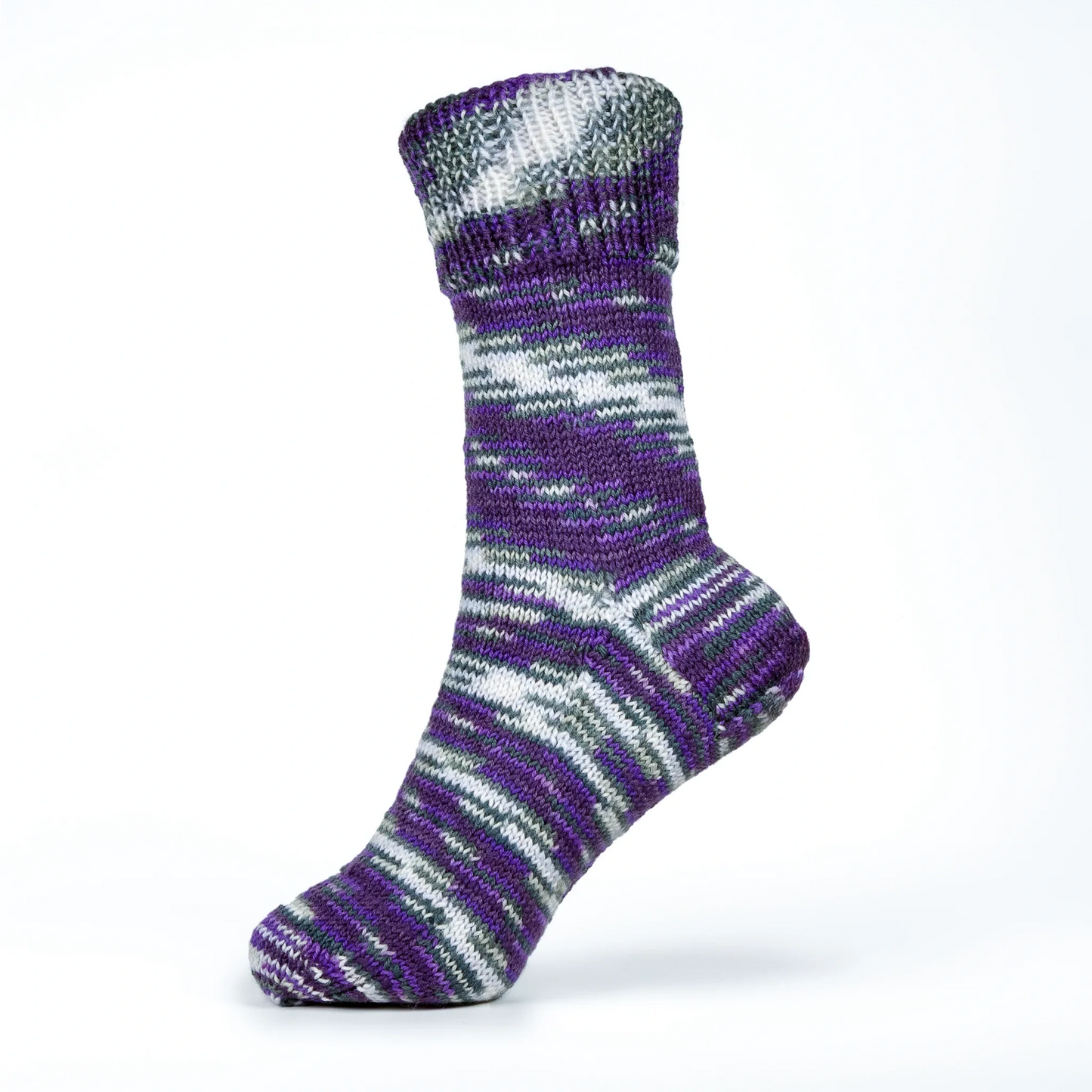 Left sock in Purple Ivy yarn, displayed on mannequin foot showing dark plum-to-lavender stripe blend.
