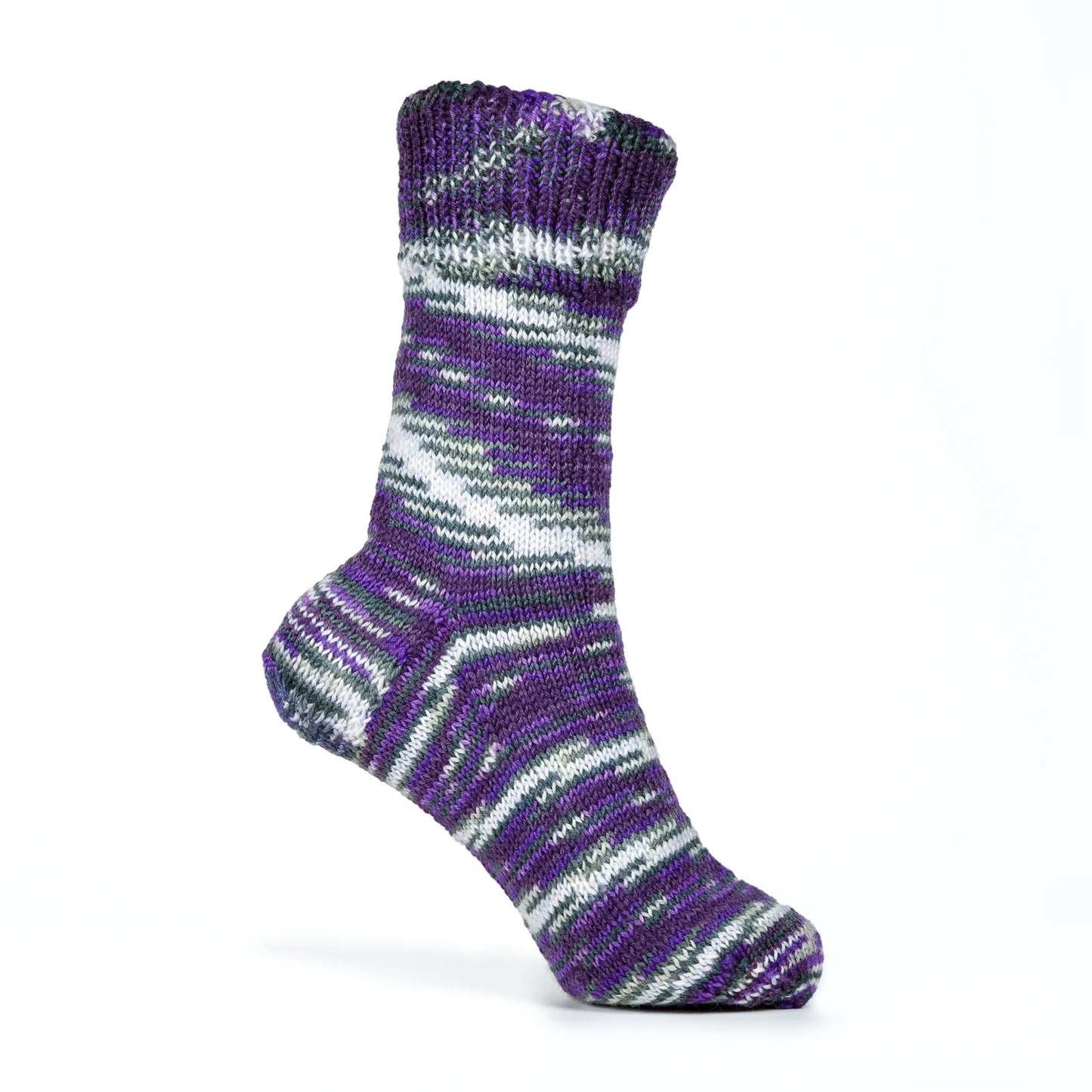 Right sock in Purple Ivy yarn, mannequin foot display showing bold striping and gothic undertones.