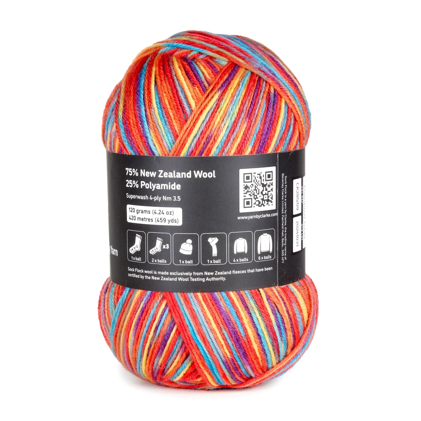 Rear label view of Rainbow Reef yarn ball on white background, showing fibre content and batch details.