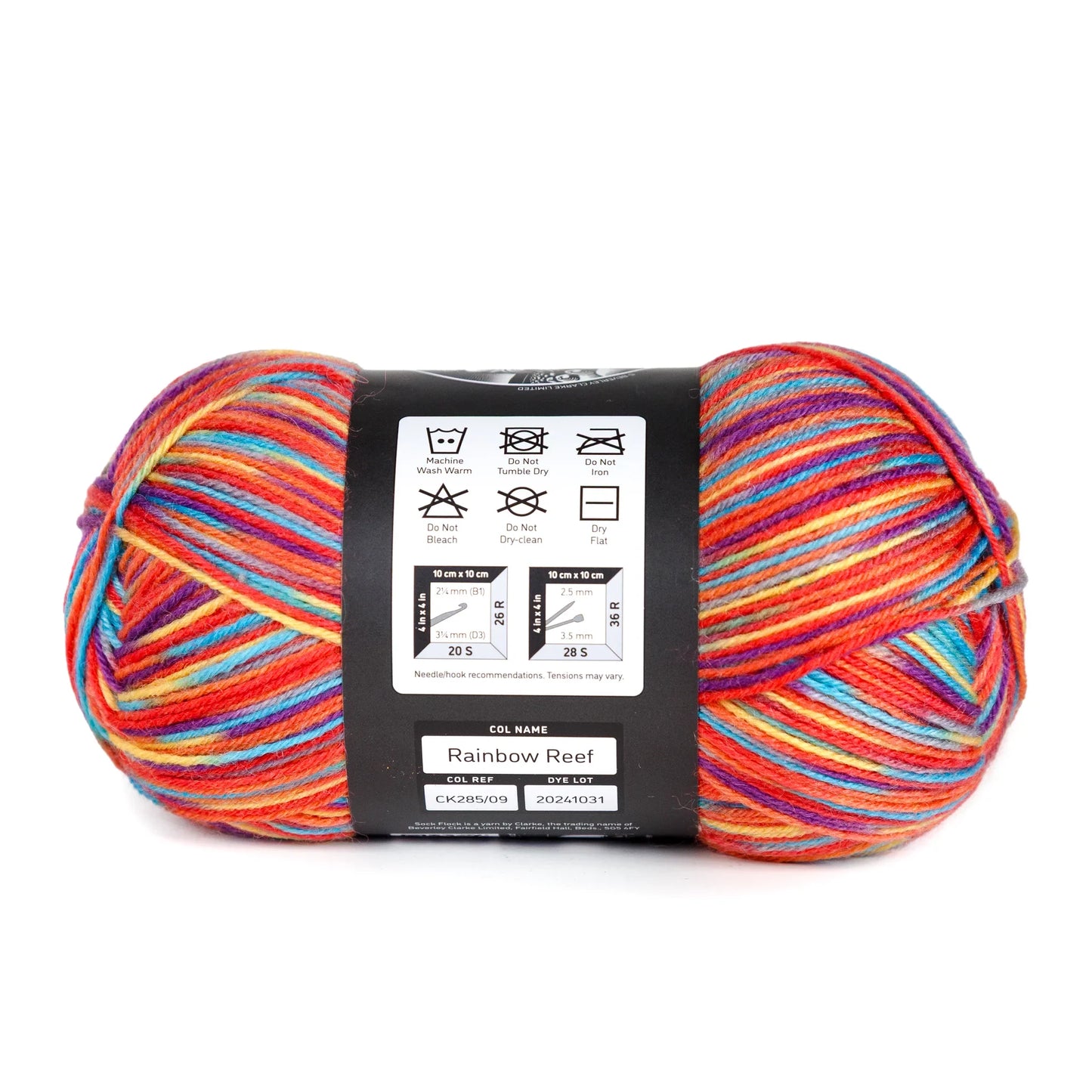 Side view of Rainbow Reef yarn ball, laid horizontally with label showing on clean white background.