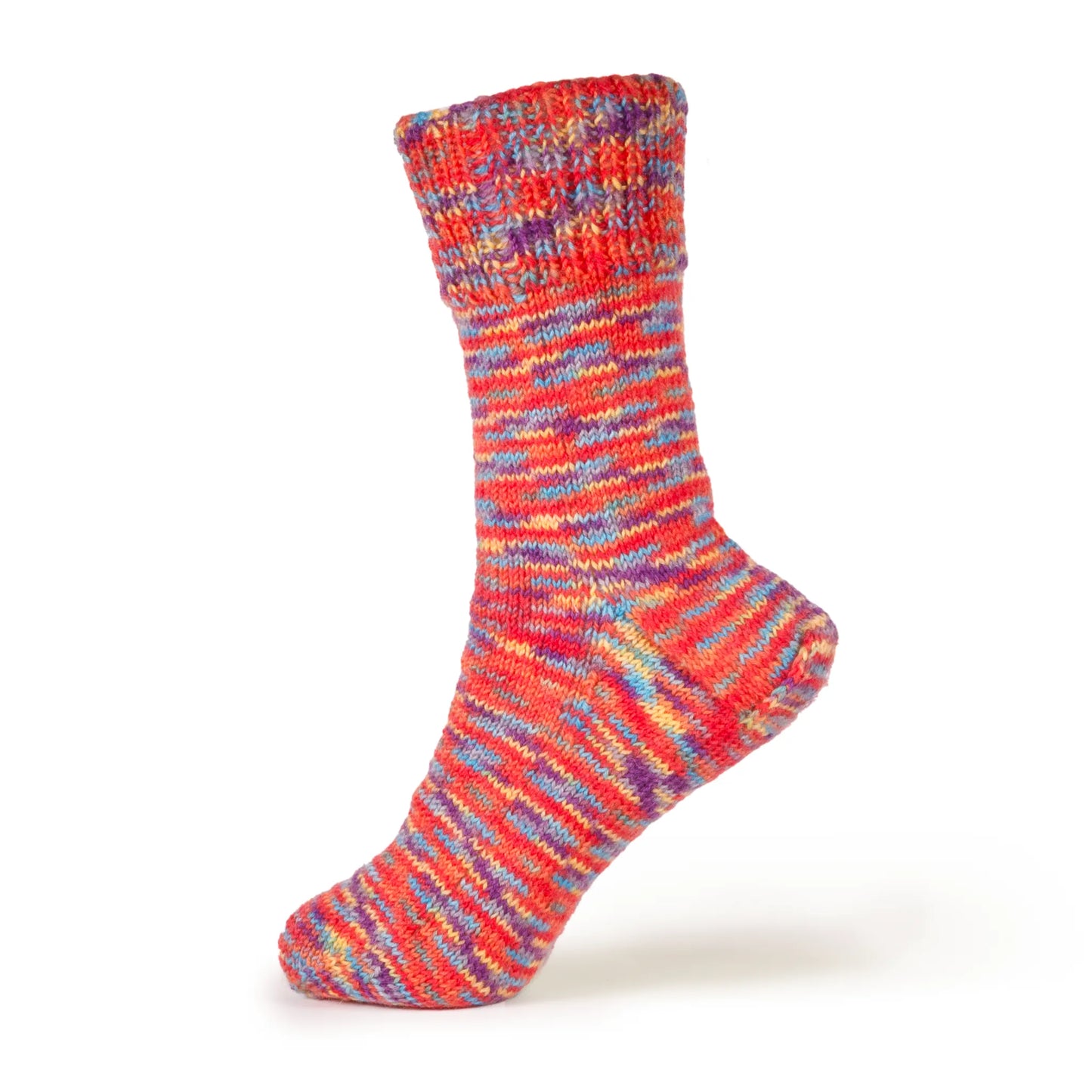Left sock in Sock Flock ‘Rainbow Reef’ yarn, displayed on foot form against white background, showcasing dynamic colour flow.
