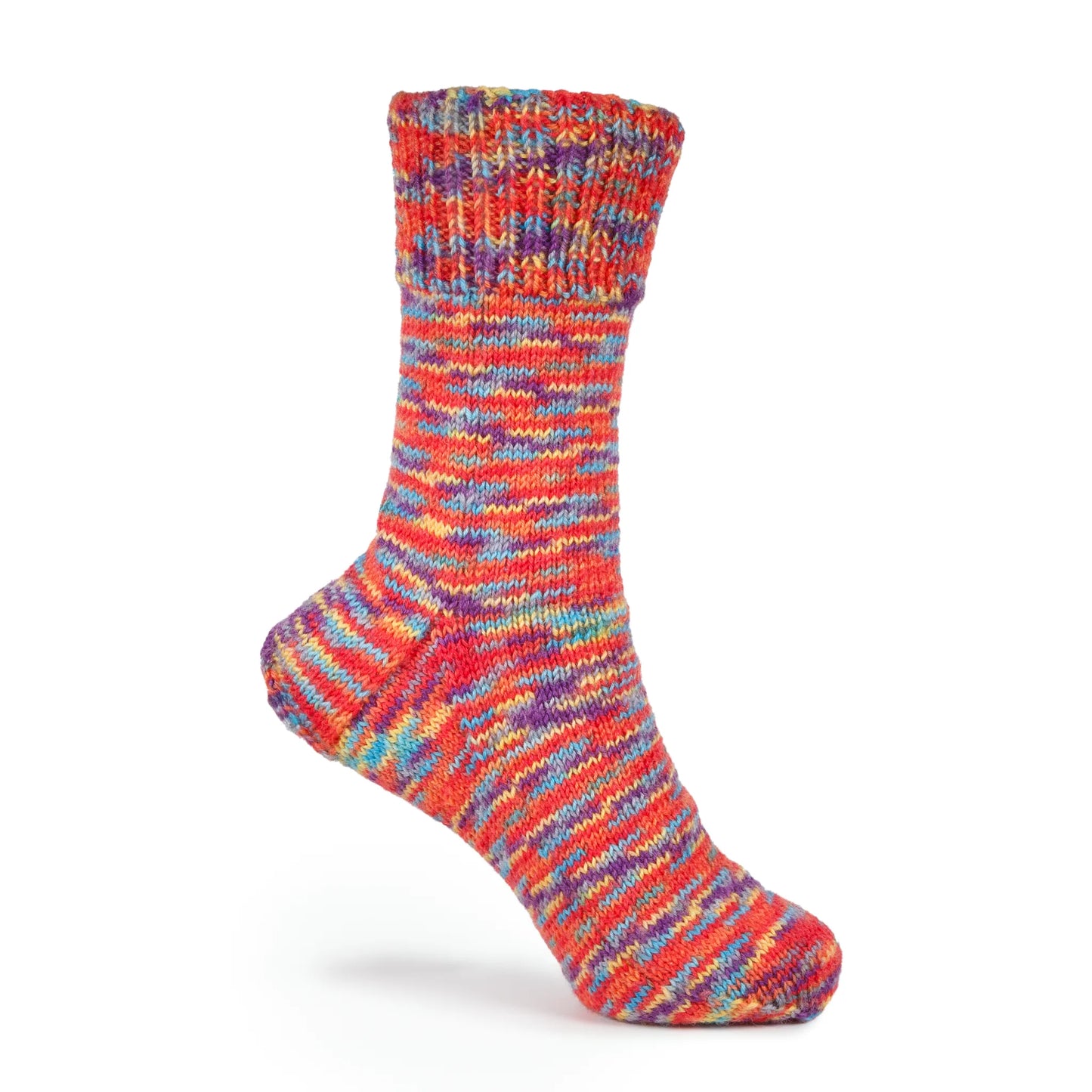 Right sock knitted in Rainbow Reef yarn, mannequin foot showing vibrant reef-style striping.