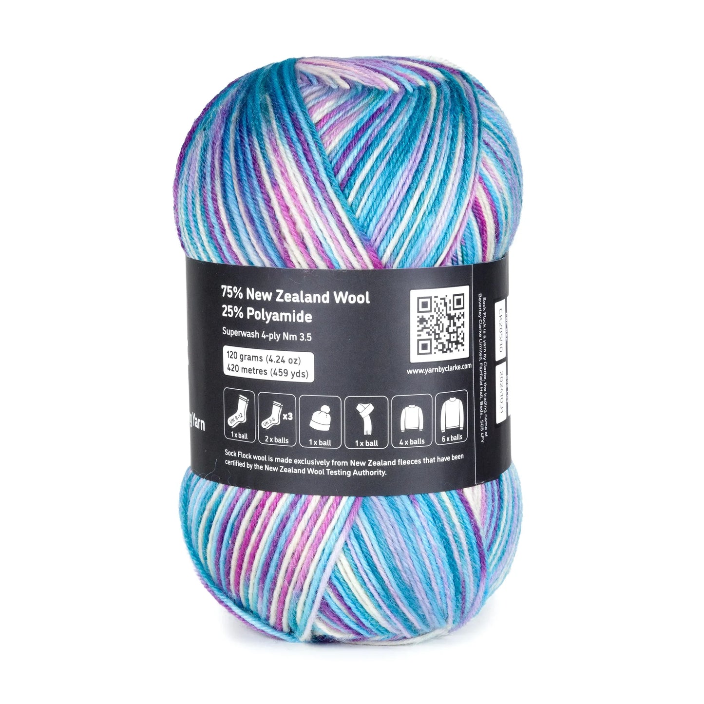 Rear view of Sea Glass yarn ball, showing care label and barcode on clean white backdrop.