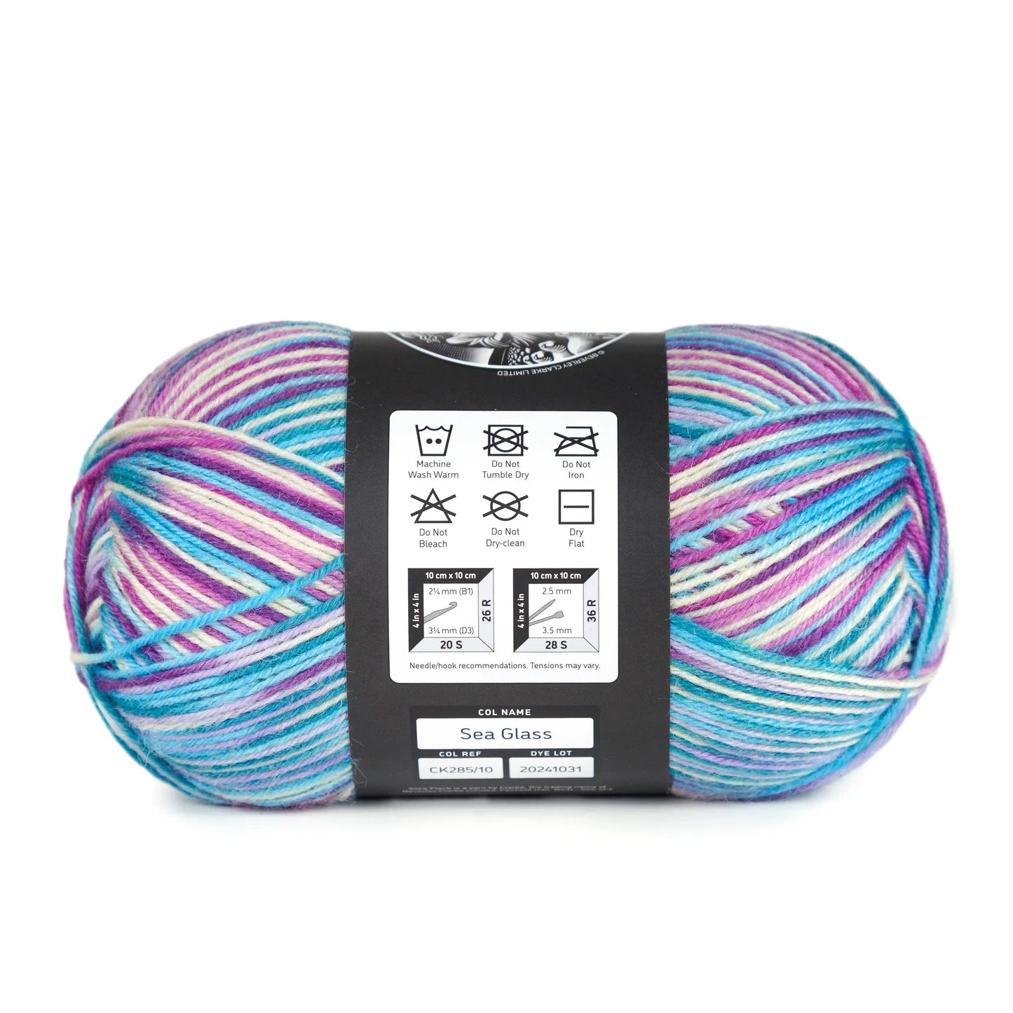 Side view of Sea Glass yarn ball laid horizontally, label visible on white background.