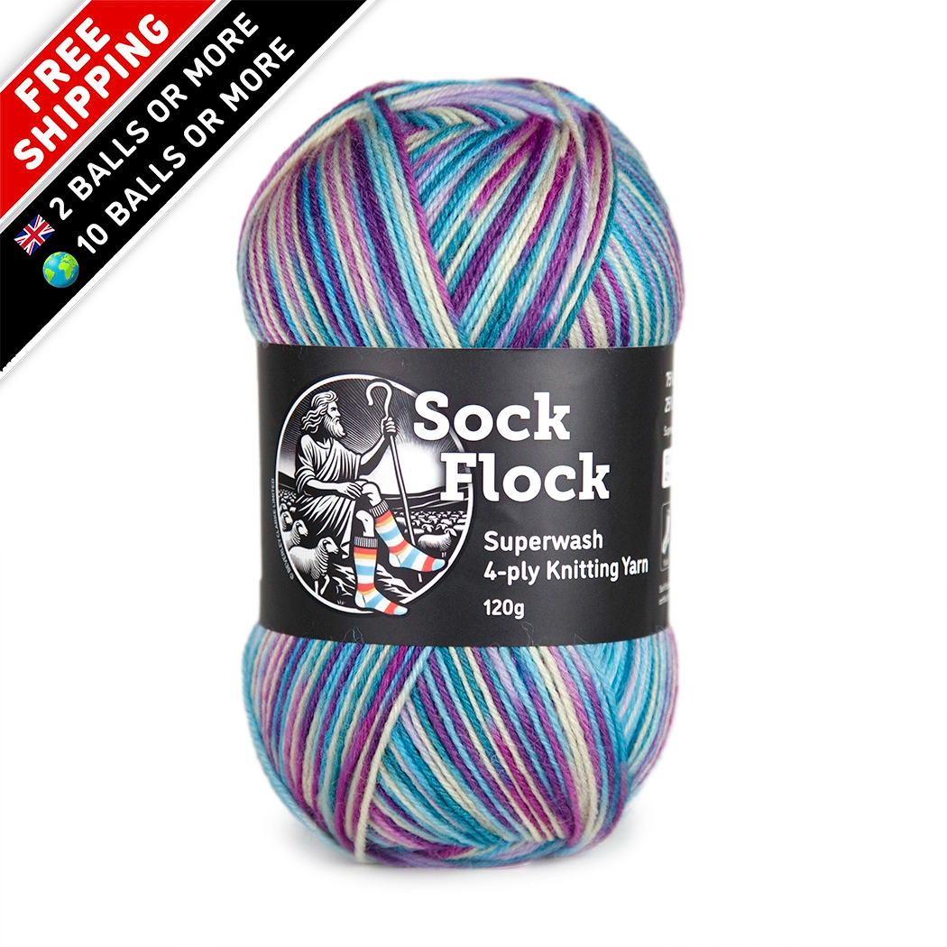 Front-facing hero image of Sock Flock ‘Sea Glass’ yarn ball, label crisp and colours true on white and free UK delivery on 2 balls or more, free international delivery on 10 balls or more corner flags.