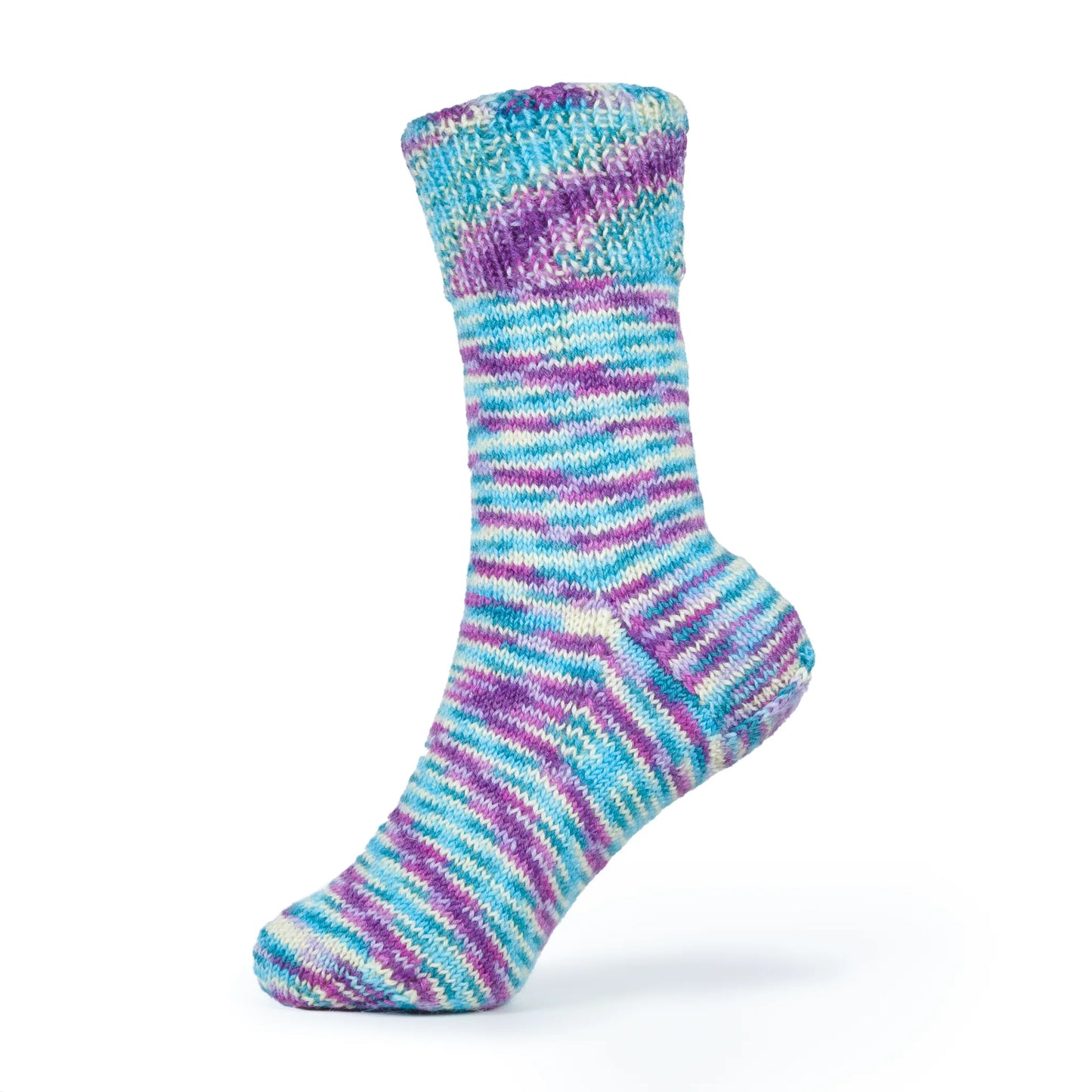 Left sock in Sea Glass yarn on mannequin foot, showing smooth fade between soft coastal tones.