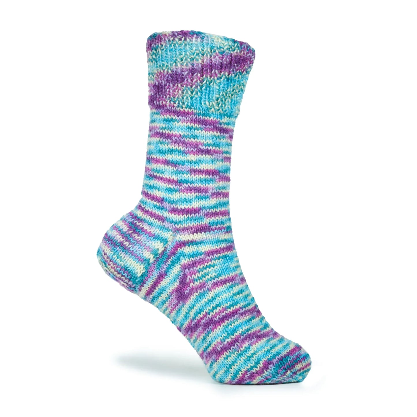 Right sock made in Sea Glass yarn, mannequin foot display highlighting fresh shoreline striping.