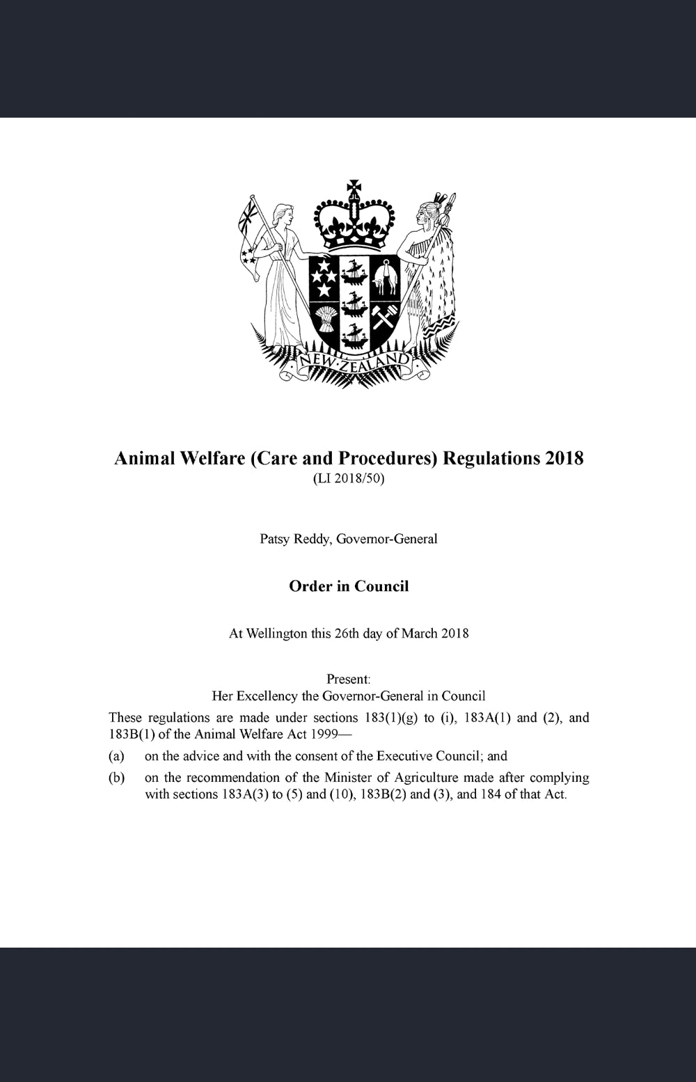Cover of the official 2018 New Zealand Government regulations detailing legal requirements for animal care, handling, surgical procedures, and welfare. Issued by the Ministry for Primary Industries (MPI), focused on high-welfare farming practices.