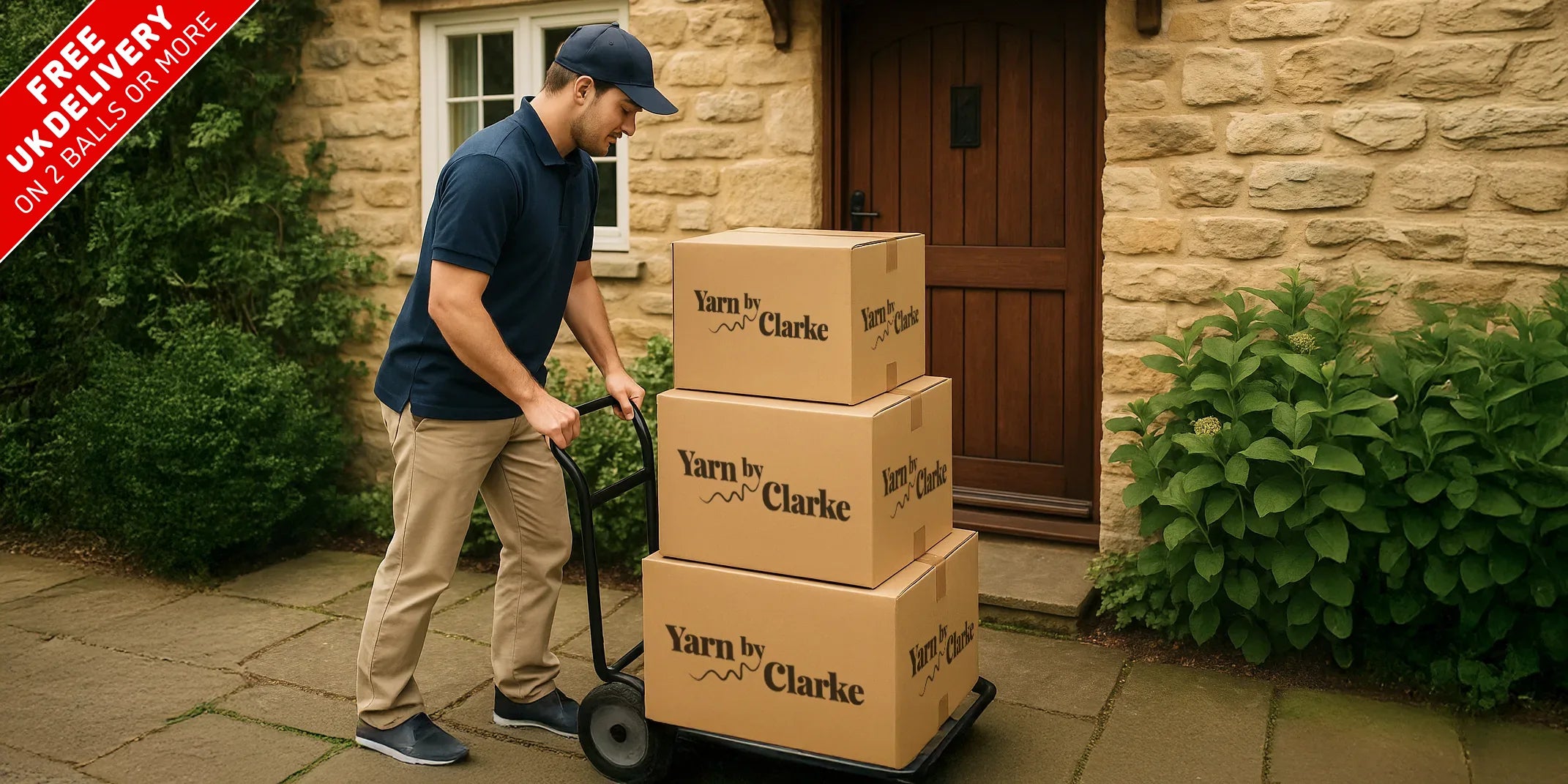 Delivery driver unloading branded Yarn by Clarke cardboard boxes at a doorstep, showcasing efficient packaging and logistics with free UK delivery on 2 balls or more corner flag.