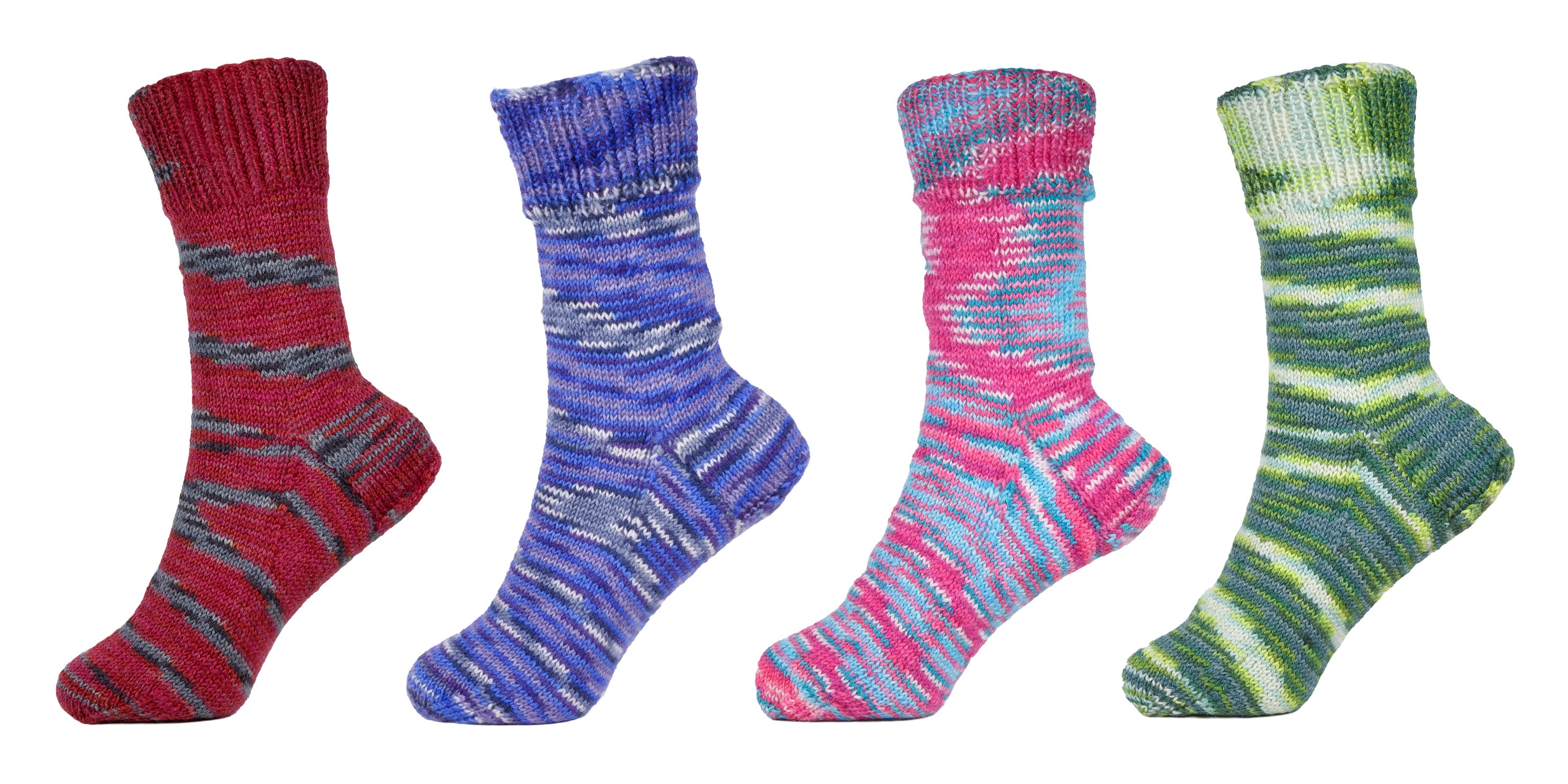 Examples of knitted up socks from Sock Flock Roasted Fig, Blue Moon, Sakura Spring and Wild Pear yarns demonstrating rich, vivid organic colour patterns.