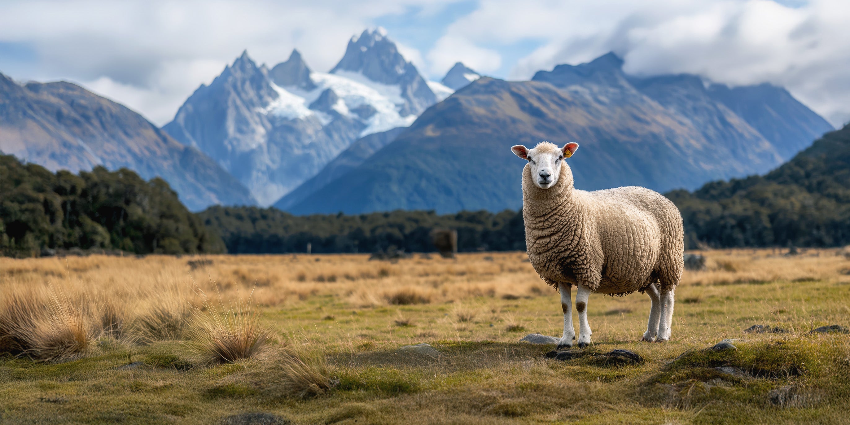 A New Zealand sheep grazing in front of dramatic snow-capped peaks — premium wool grown in ethical, open pastures.