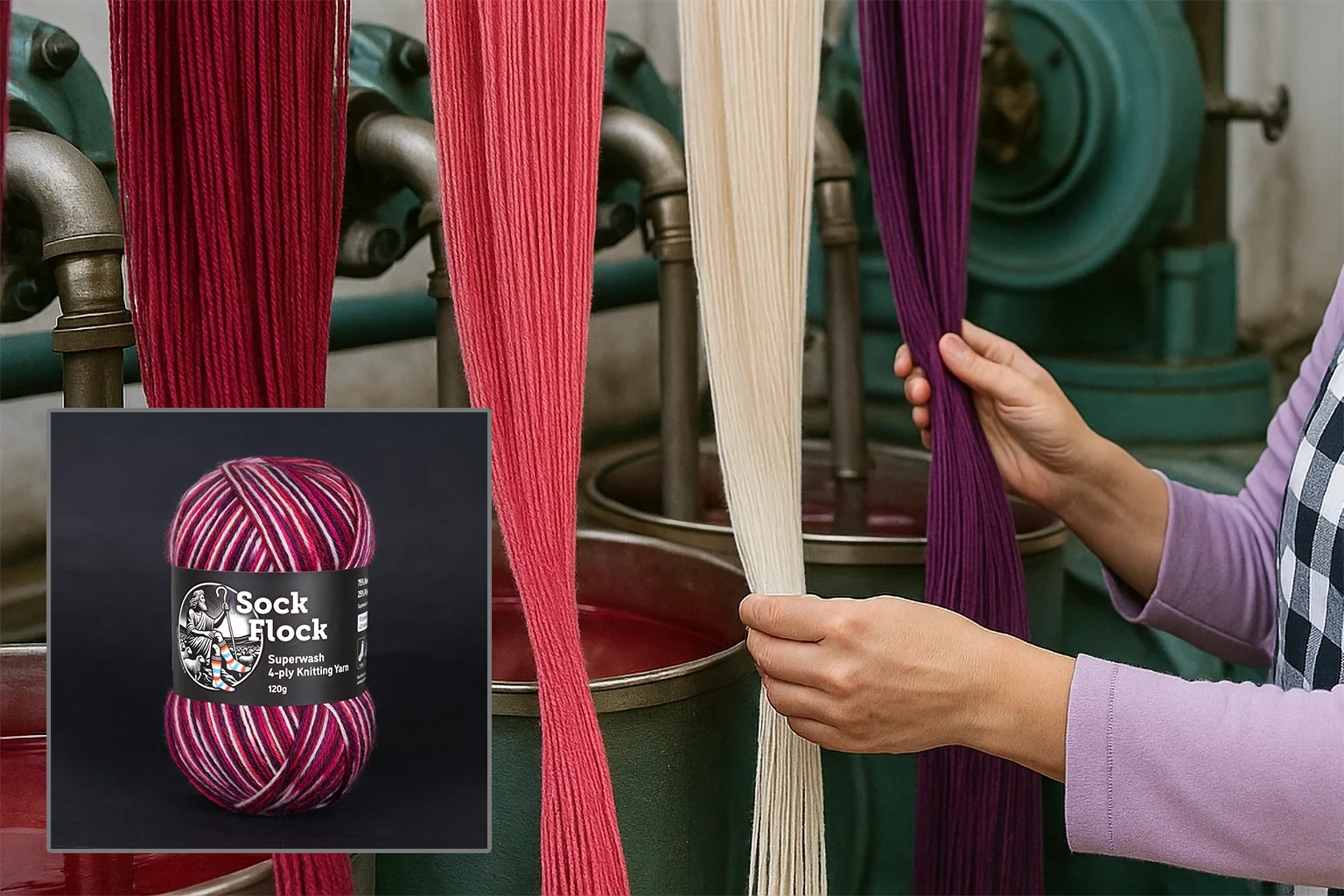 A female textile worker at a yarn dyeing facility inspecting dyed skeins of wool in deep red, ivory, and plum tones. An inset shows a ball of Sock Flock ‘Raspberry Ripple’ yarn, highlighting its colourway consistency. Demonstrates the precision of the dyeing process behind Sock Flock’s vibrant, variegated colour patterns.