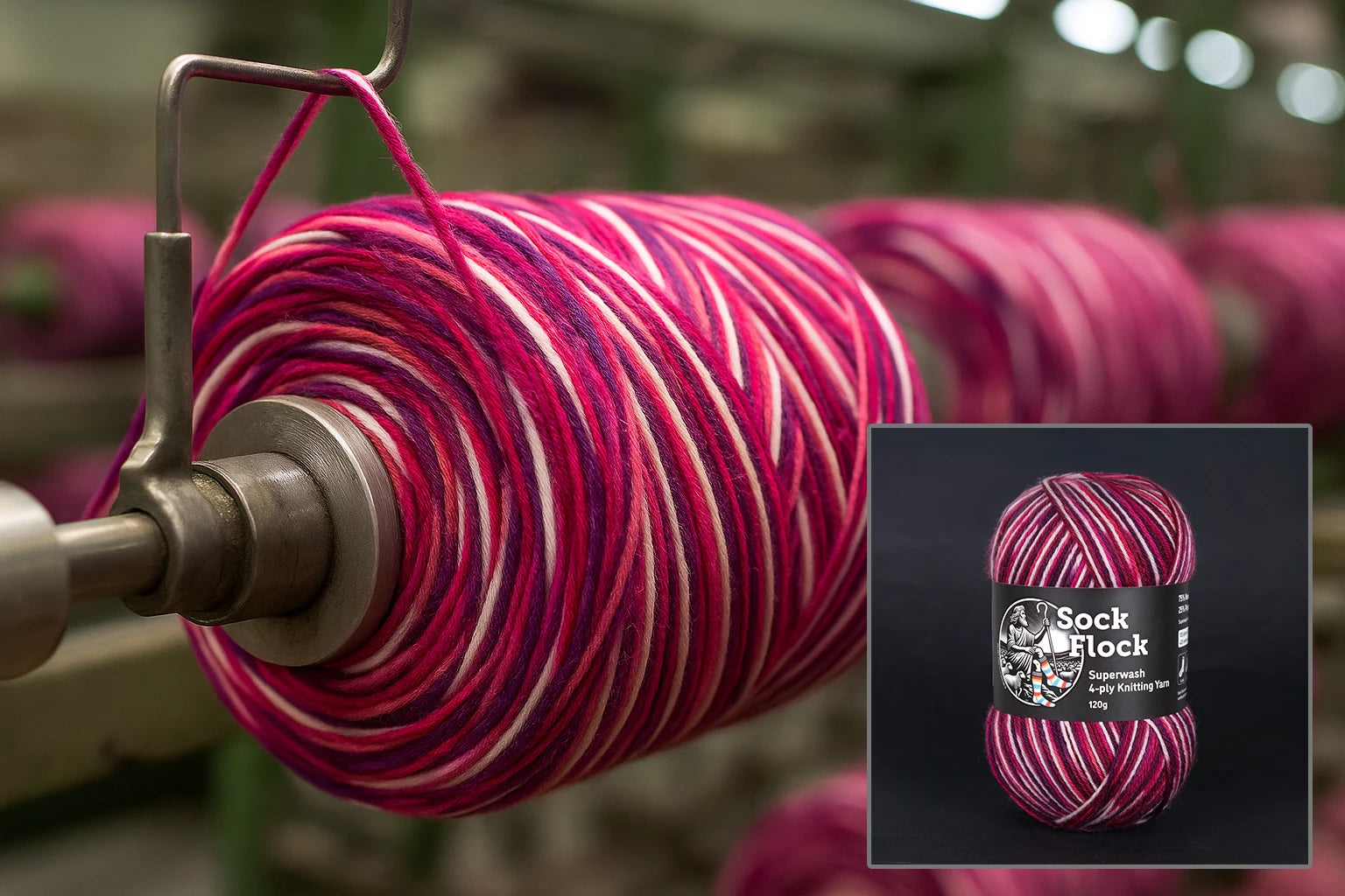 Close-up of a skein of Sock Flock ‘Raspberry Ripple’ yarn on an industrial winding machine inside a yarn mill. The variegated strands are neatly tensioned onto a rotating spool. Inset image shows the same colourway as a finished 120g ball, reinforcing colour uniformity. Represents quality control and production detail in Sock Flock’s manufacturing process.
