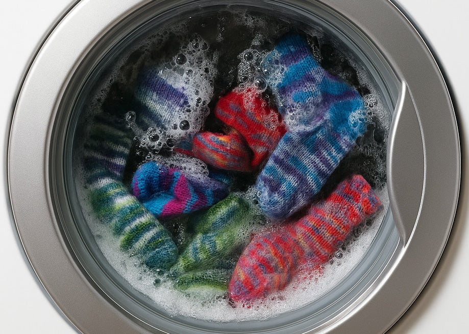 Closer view of selection of colourful Sock Flock socks in mid-wash cycle, visible through the glass door of a modern front-loading washing machine.