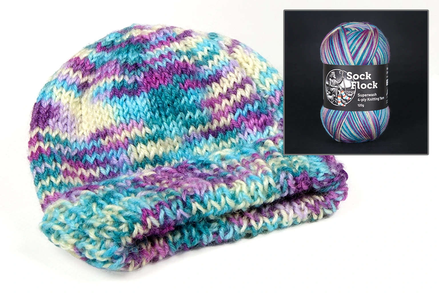 A knitted baby beanie in soft pastel shades of turquoise, violet, cream, and purple, made using Sock Flock Sea Glass yarn. The yarn creates gentle variegated striping with a cozy texture. In the top-right corner, a close-up inset shows a 120g ball of Sock Flock yarn with its black label featuring the brand logo and text reading “Superwash 4-ply Knitting Yarn.” The image highlights the yarn’s appearance both in ball form and when knitted into a finished baby accessory.