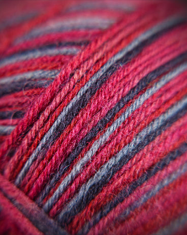 Framed macro of Roasted Fig yarn with crisp colour transitions and depth in its 4-ply strand.