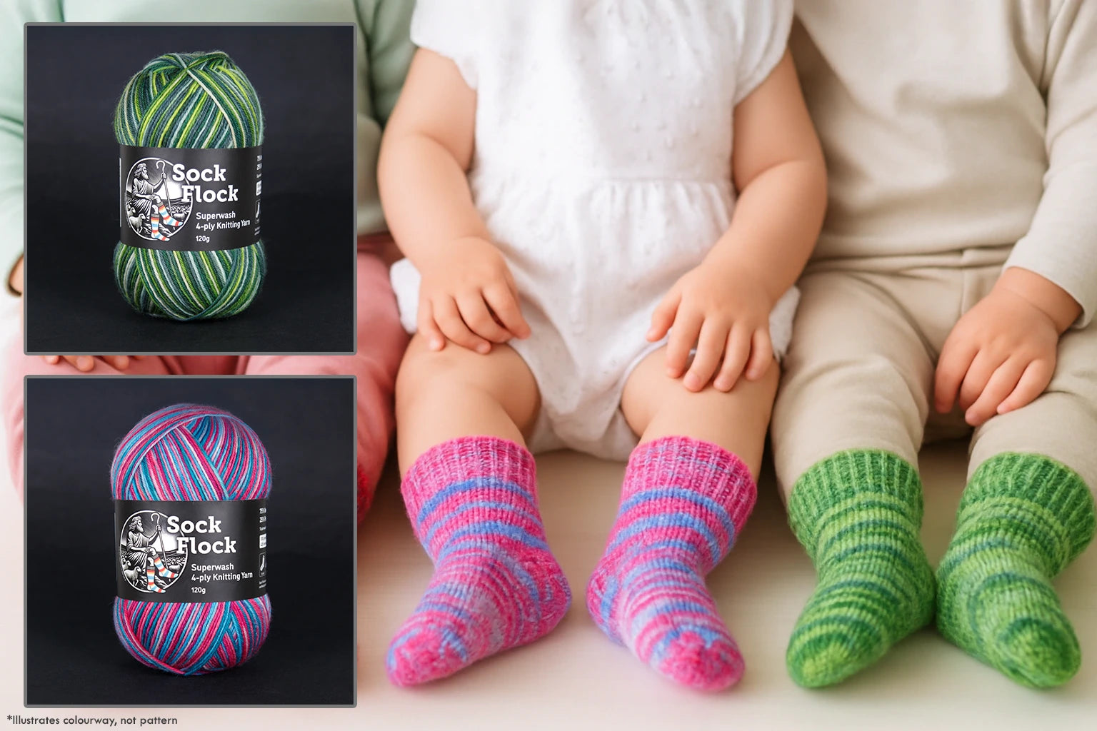 Three toddlers sitting side by side wearing hand-knit socks made with yarn in Raspberry Ripple and Apple Gala colourways. Beside them are two Sock Flock yarn balls shown as reference for colour accuracy. Highlights how Sock Flock yarn knits up into soft, machine-washable socks suitable for babies and children.