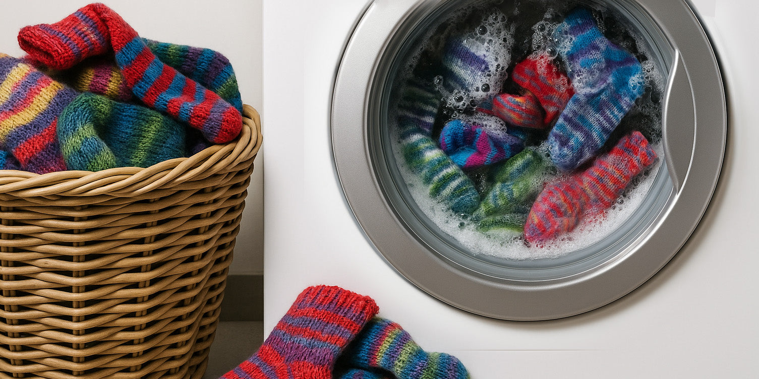 Selection of colourful Sock Flock pattern style socks in mid-wash cycle, visible through the glass door of a modern front-loading washing machine.